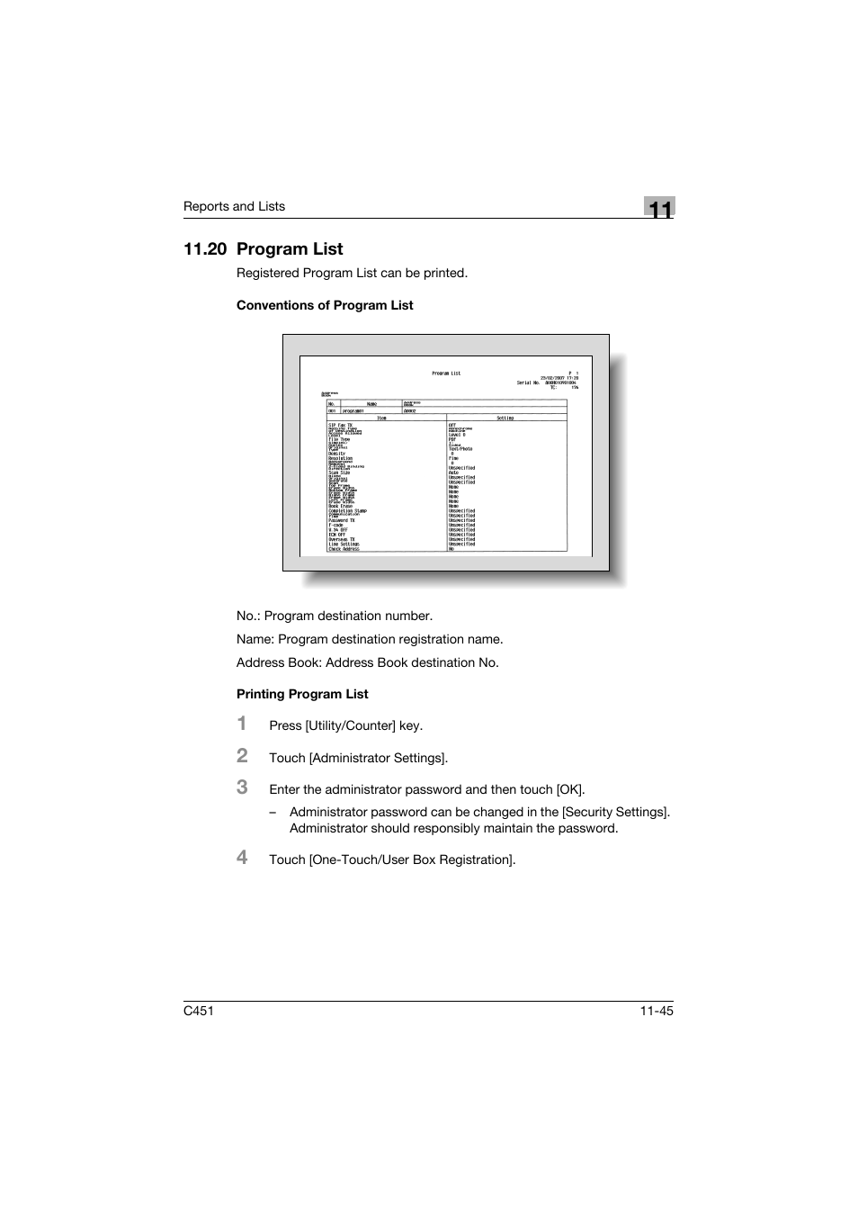 20 program list, Conventions of program list, Printing program list | 20 program list -45 | Konica Minolta FK-502 User Manual | Page 468 / 492