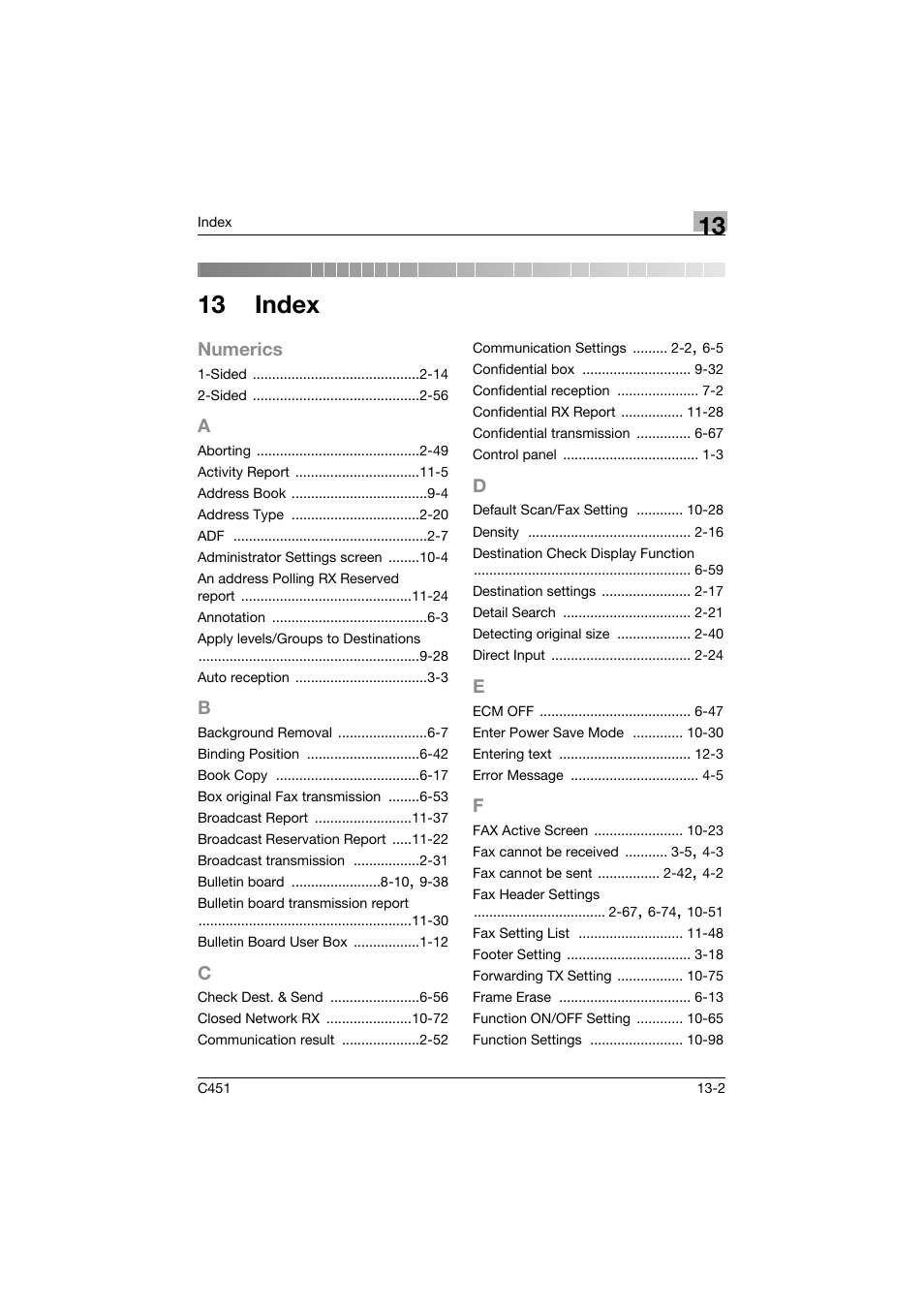 13 index, A to f | Konica Minolta FK-502 User Manual | Page 489 / 492