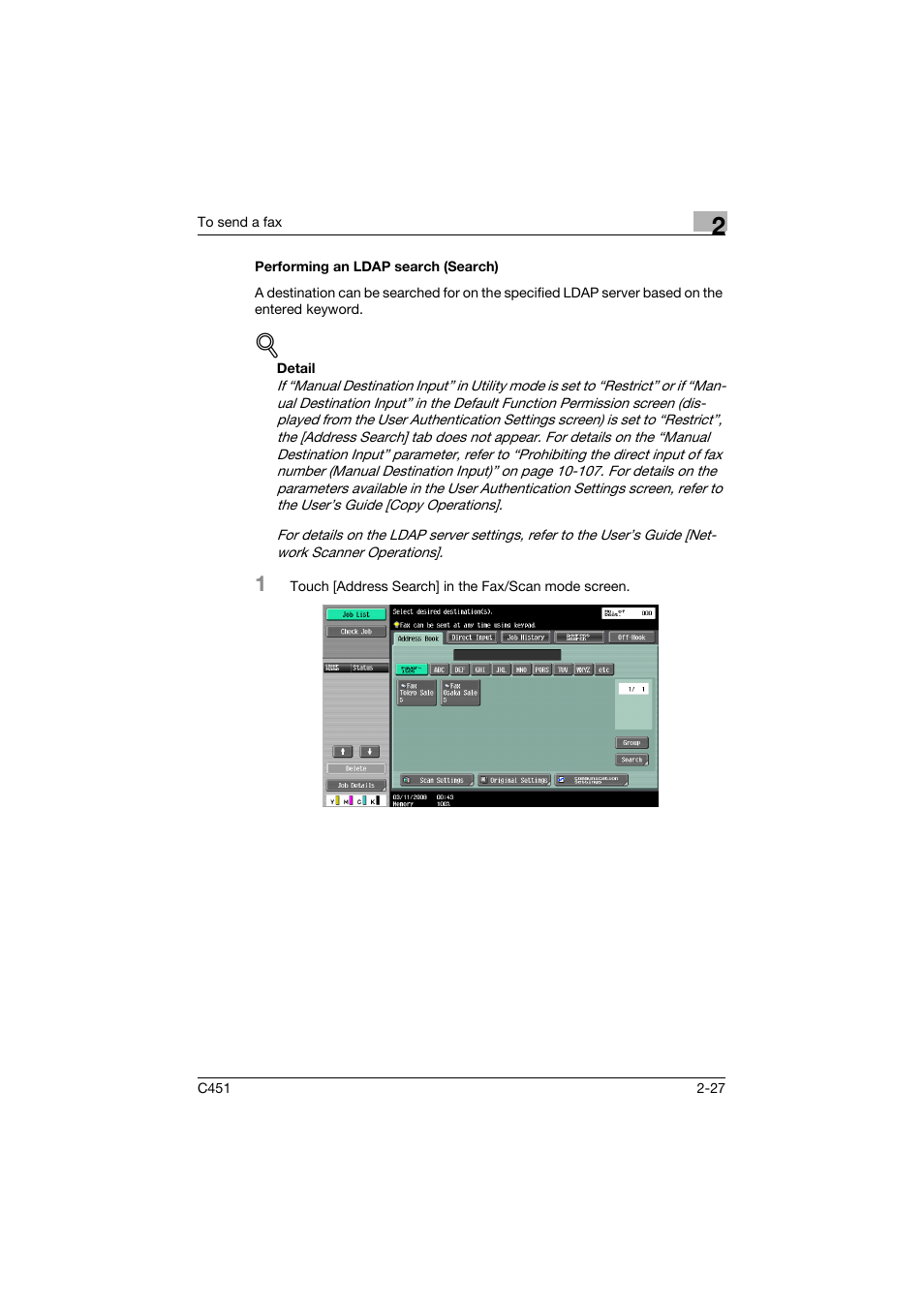 Performing an ldap search (search), Performing an ldap search (search) -27 | Konica Minolta FK-502 User Manual | Page 82 / 492