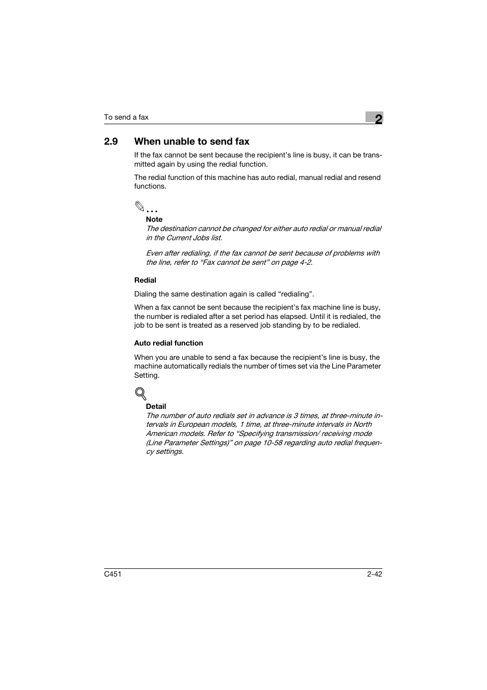 9 when unable to send fax, Redial, Auto redial function | When unable to send fax -42, Redial -42 auto redial function -42 | Konica Minolta FK-502 User Manual | Page 97 / 492