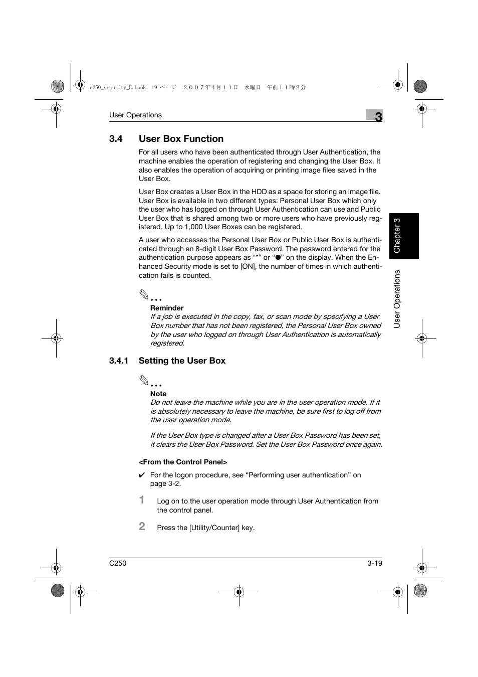 4 user box function, 1 setting the user box, From the control panel | User box function -19 | Konica Minolta bizhub C250 User Manual | Page 130 / 188