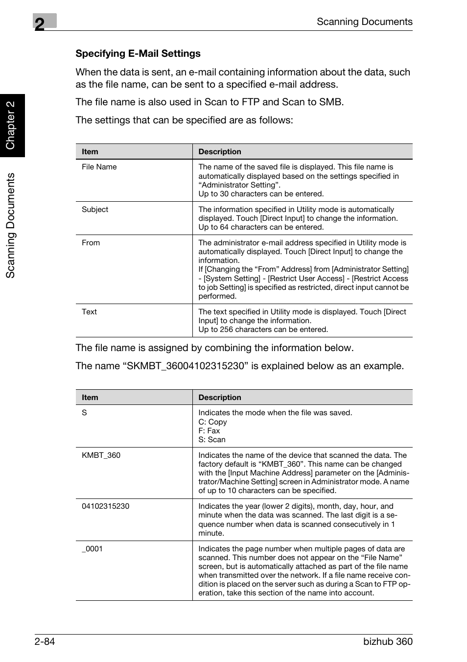 Specifying e-mail settings -84, Scan nin g do cu men ts chapter 2 | Konica Minolta bizhub 360 User Manual | Page 119 / 414