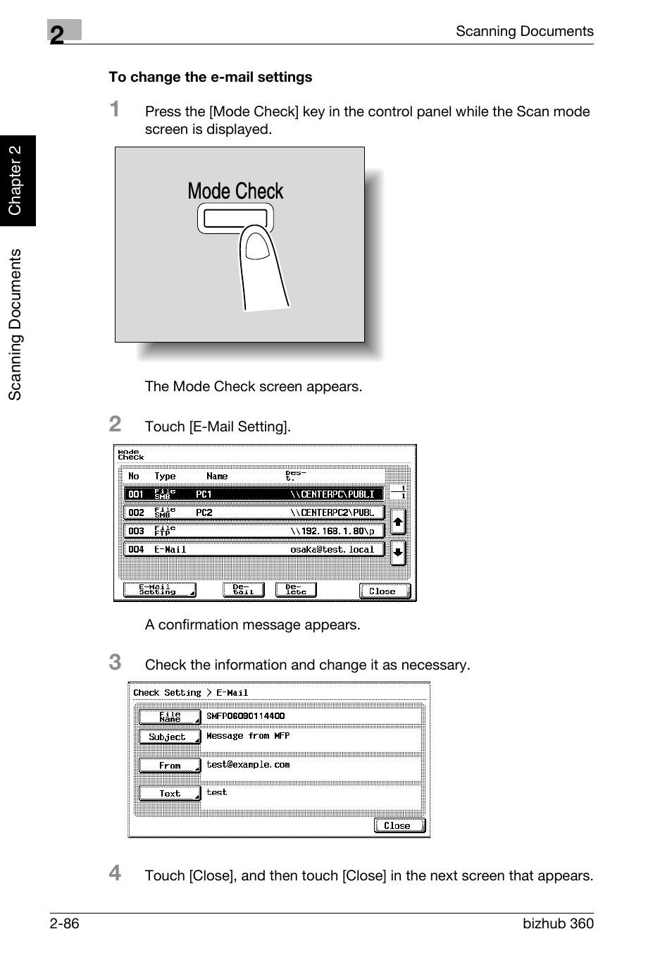 To change the e-mail settings -86, Mode check | Konica Minolta bizhub 360 User Manual | Page 121 / 414