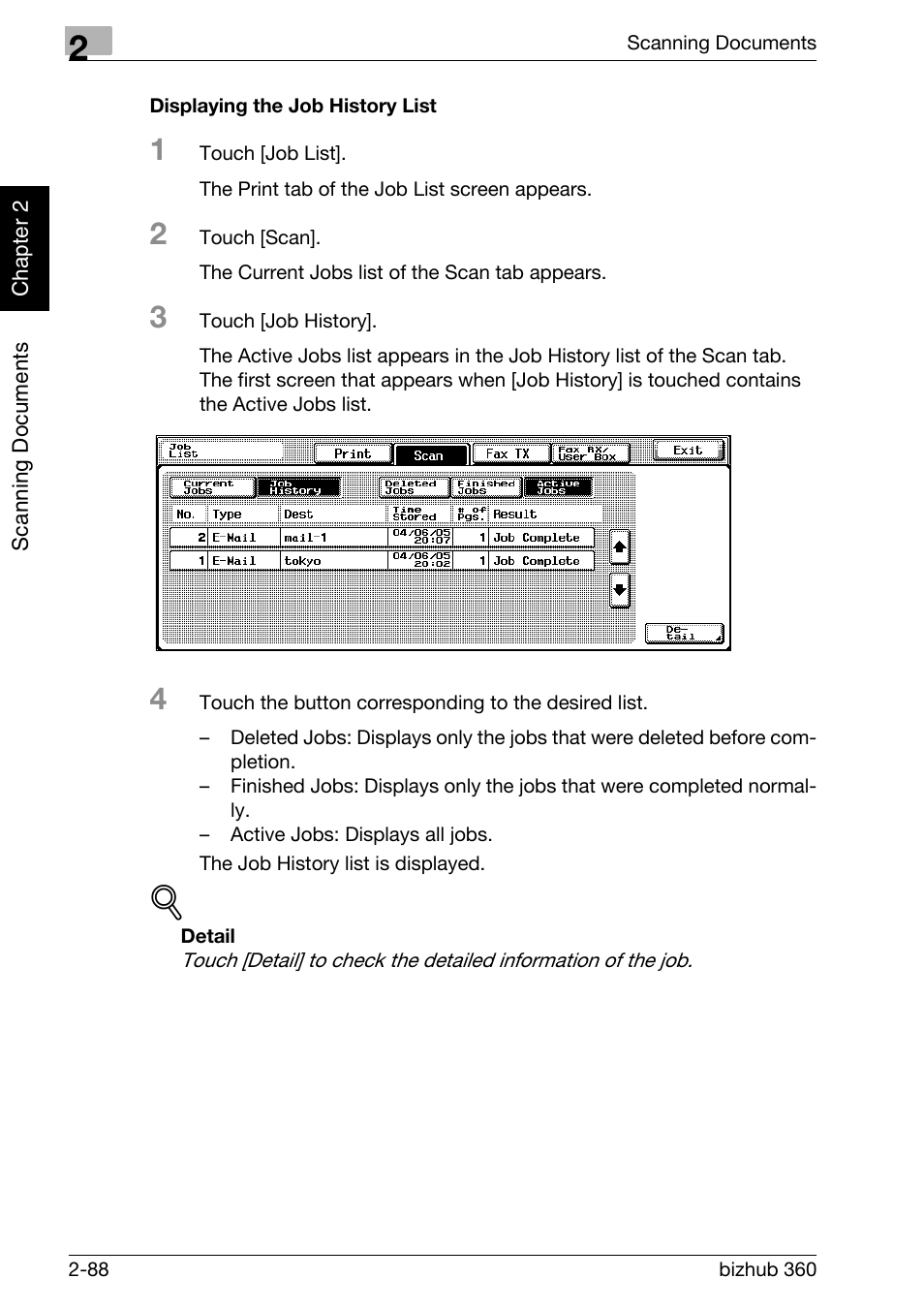 Displaying the job history list -88 | Konica Minolta bizhub 360 User Manual | Page 123 / 414