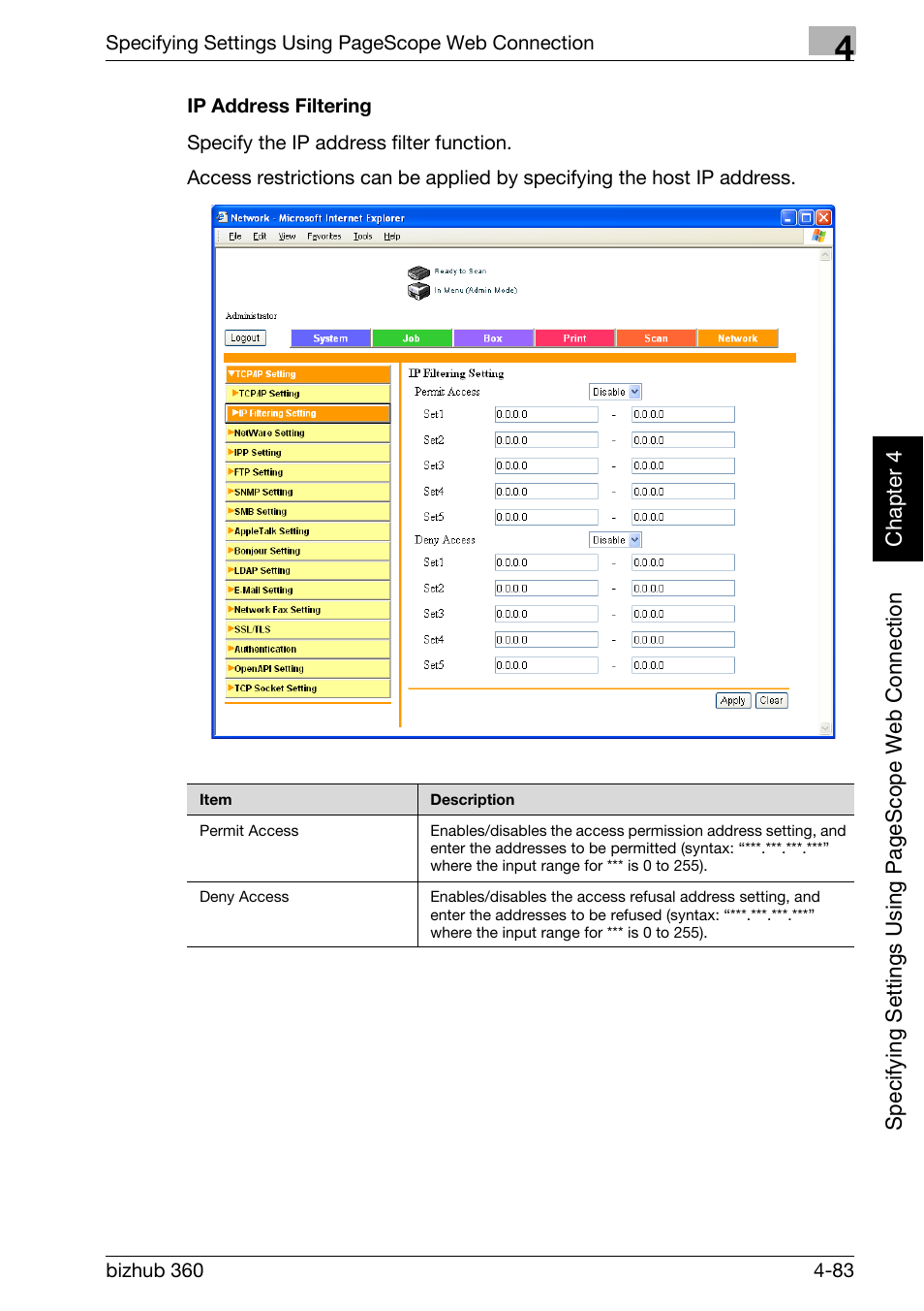 Ip address filtering -83 | Konica Minolta bizhub 360 User Manual | Page 354 / 414