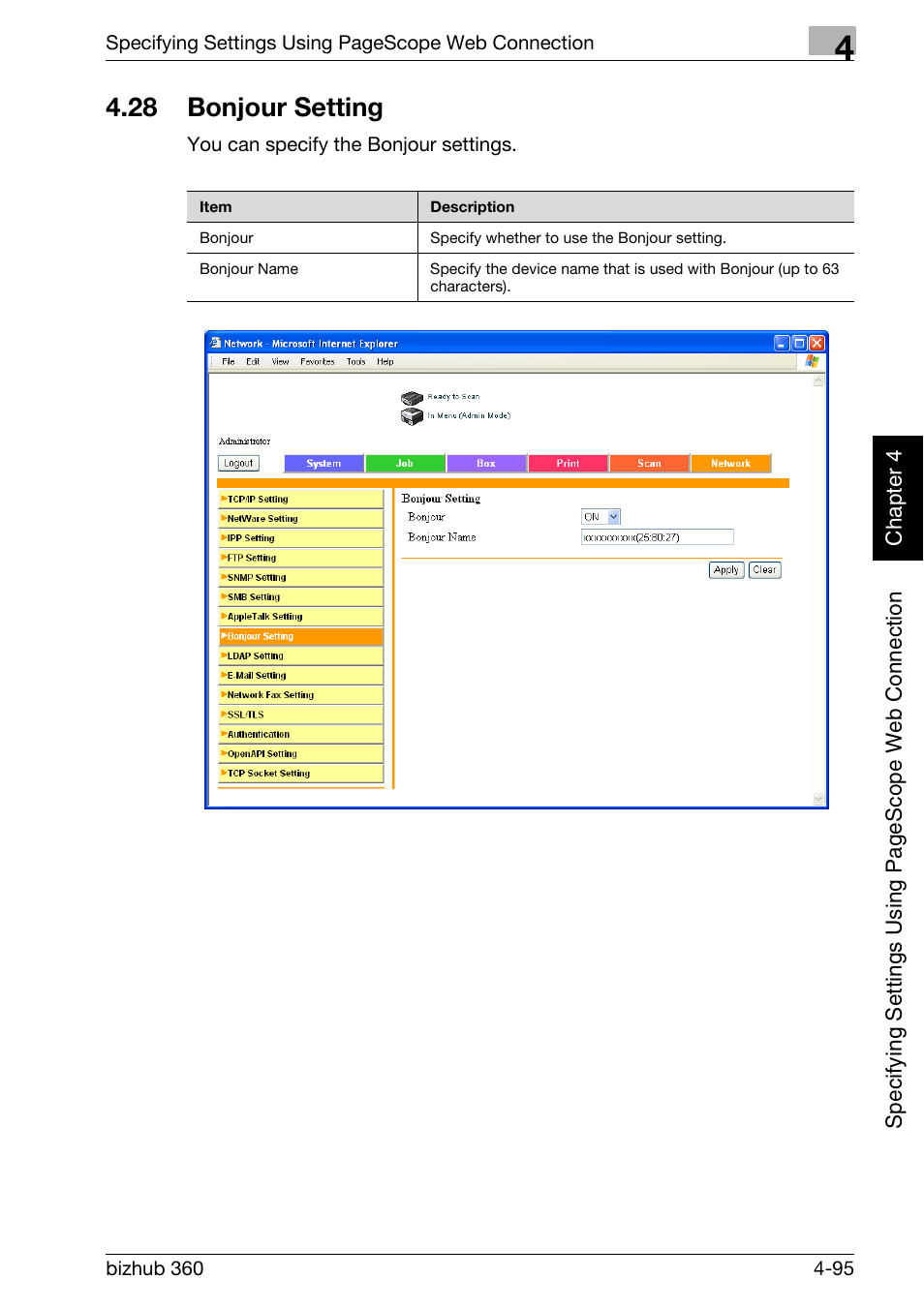 28 bonjour setting, Bonjour setting -95 | Konica Minolta bizhub 360 User Manual | Page 366 / 414