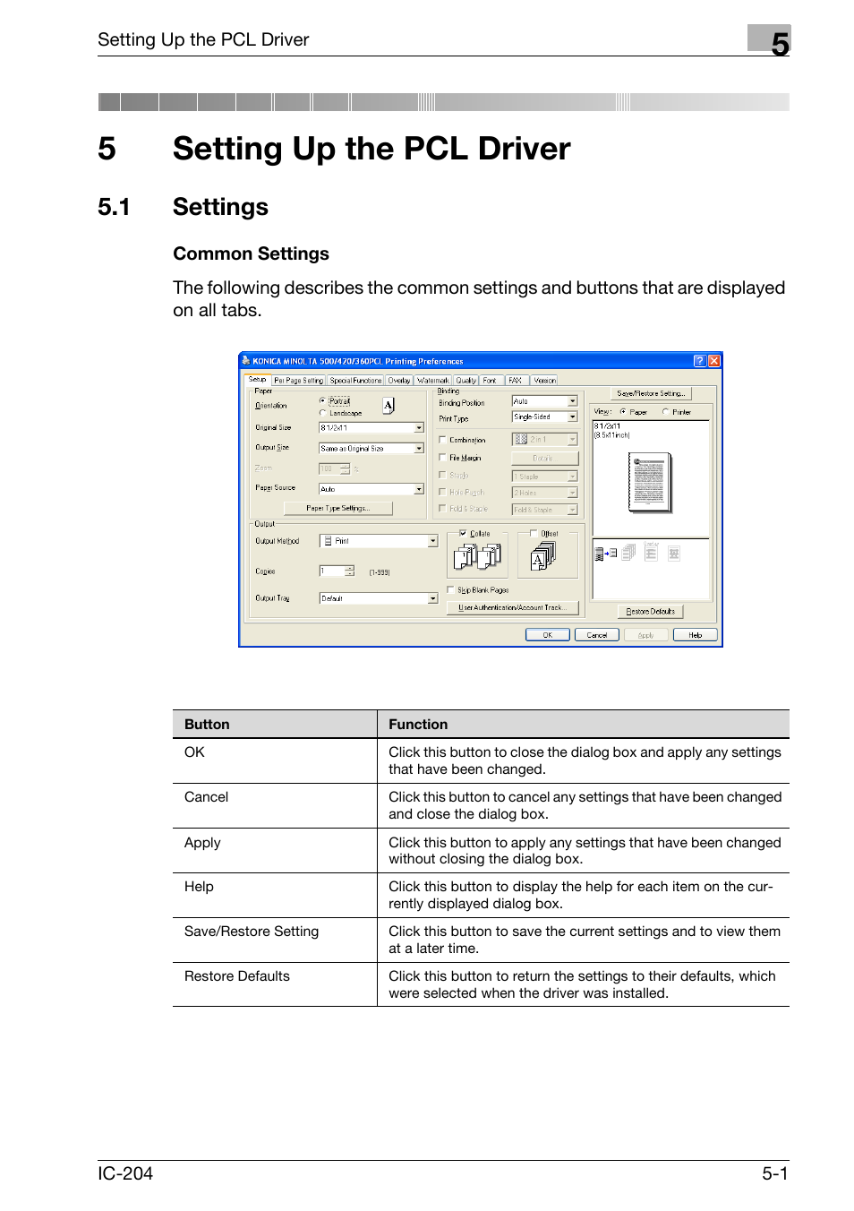 5 setting up the pcl driver, 1 settings, Setting up the pcl driver | Settings -1, Common settings -1, 5setting up the pcl driver | Konica Minolta bizhub 420 User Manual | Page 133 / 401