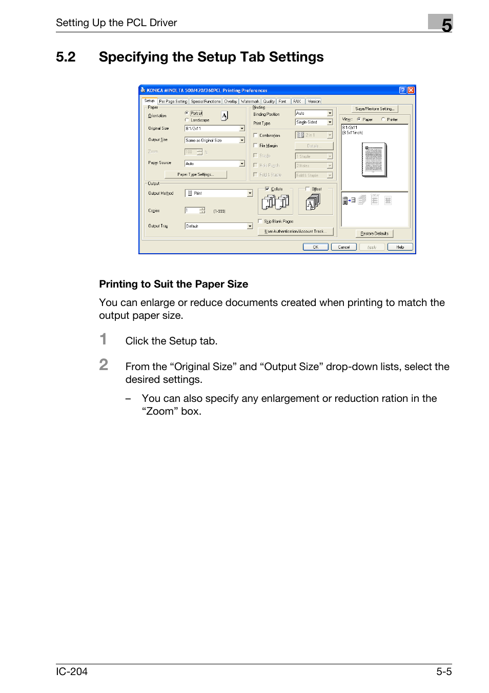 2 specifying the setup tab settings, Specifying the setup tab settings -5, Printing to suit the paper size -5 | Konica Minolta bizhub 420 User Manual | Page 137 / 401