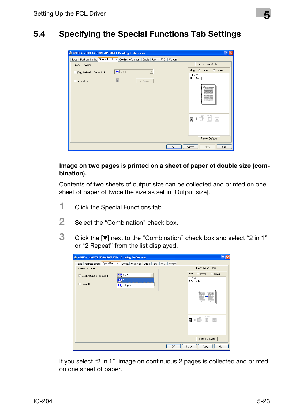 4 specifying the special functions tab settings, Specifying the special functions tab settings -23 | Konica Minolta bizhub 420 User Manual | Page 155 / 401