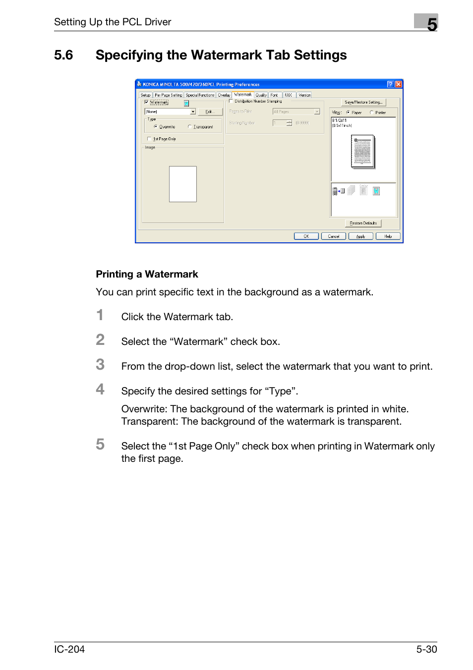 6 specifying the watermark tab settings, Specifying the watermark tab settings -30, Printing a watermark -30 | Konica Minolta bizhub 420 User Manual | Page 162 / 401