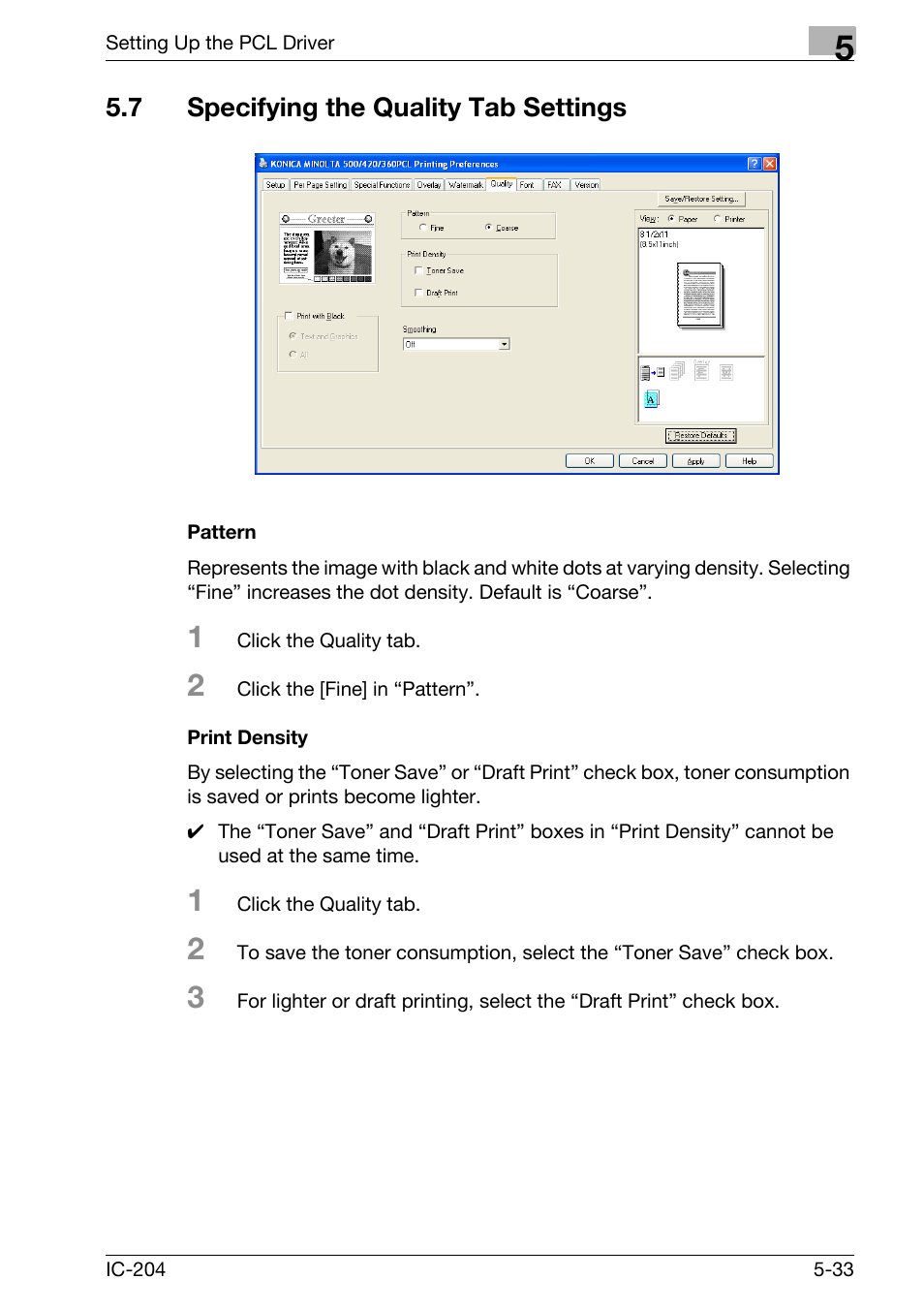 7 specifying the quality tab settings, Specifying the quality tab settings -33, Pattern -33 print density -33 | Konica Minolta bizhub 420 User Manual | Page 165 / 401