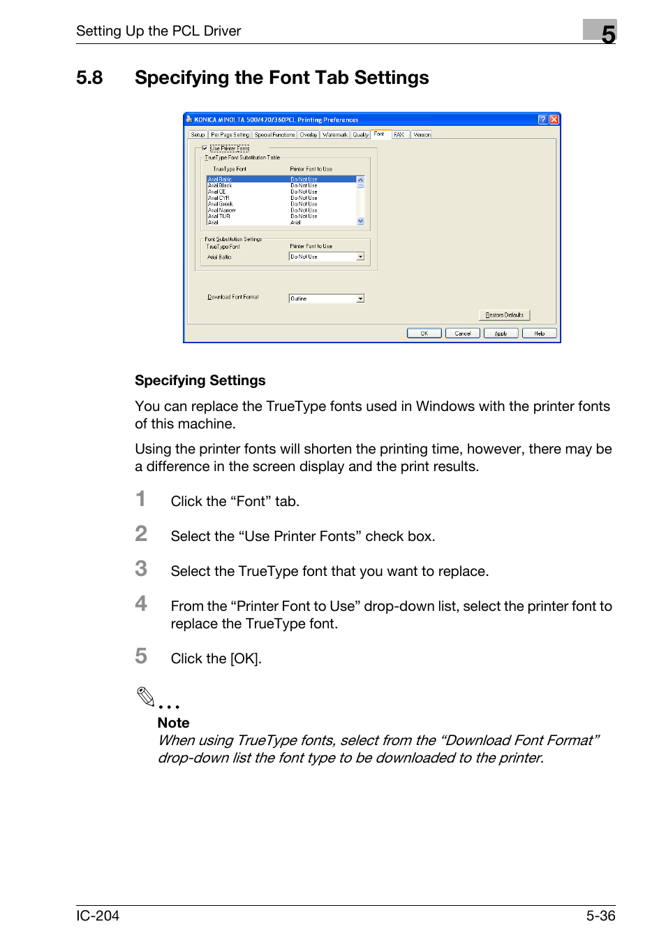 8 specifying the font tab settings, Specifying the font tab settings -36, Specifying settings -36 | Konica Minolta bizhub 420 User Manual | Page 168 / 401