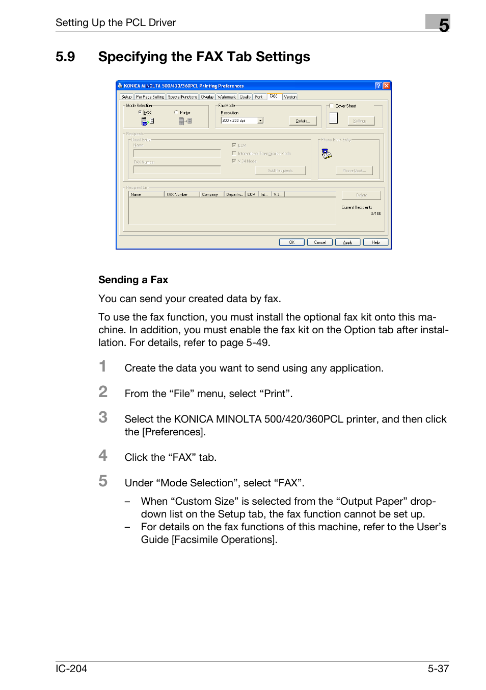 9 specifying the fax tab settings, Specifying the fax tab settings -37, Sending a fax -37 | Konica Minolta bizhub 420 User Manual | Page 169 / 401