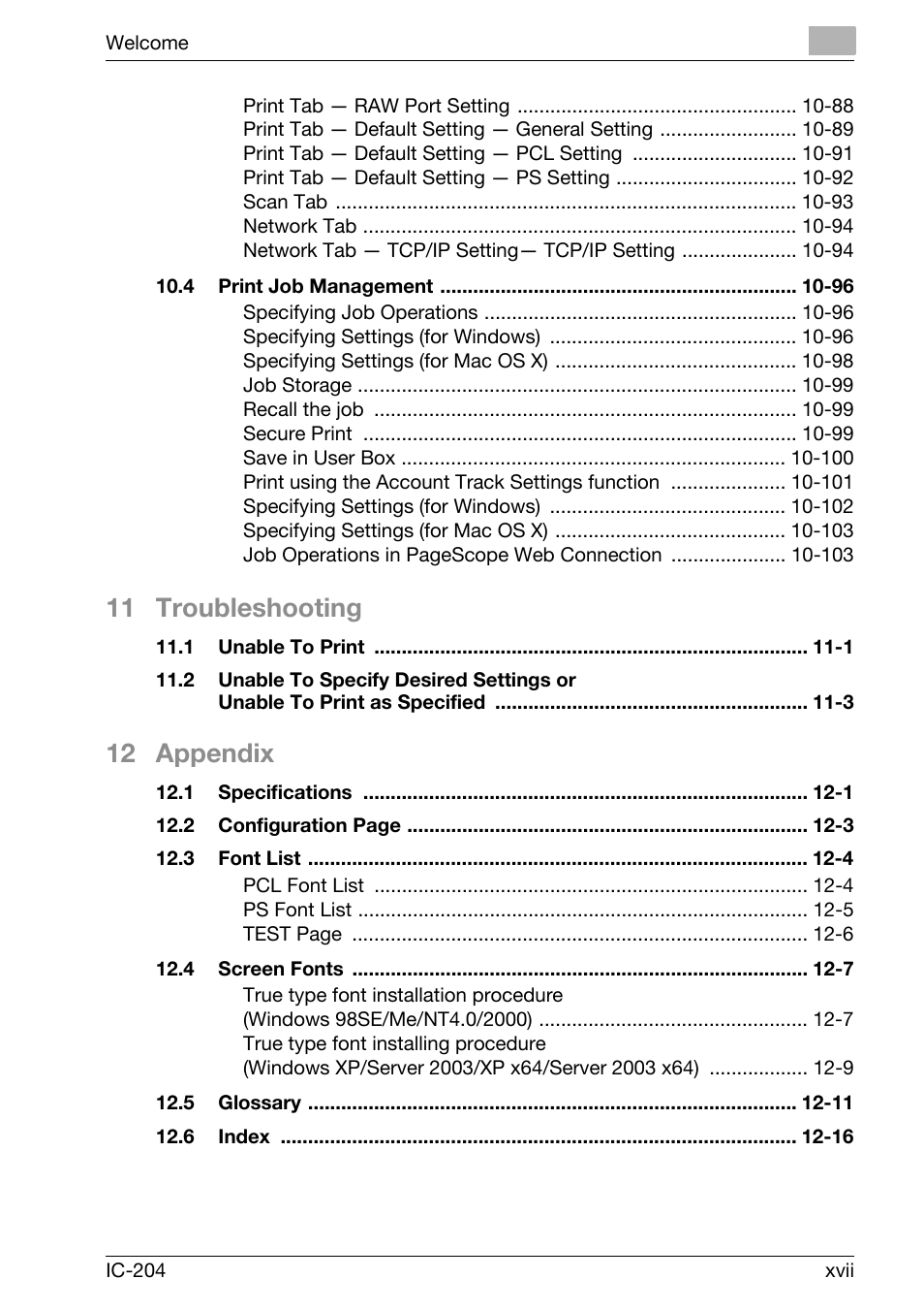 11 troubleshooting, 12 appendix | Konica Minolta bizhub 420 User Manual | Page 18 / 401