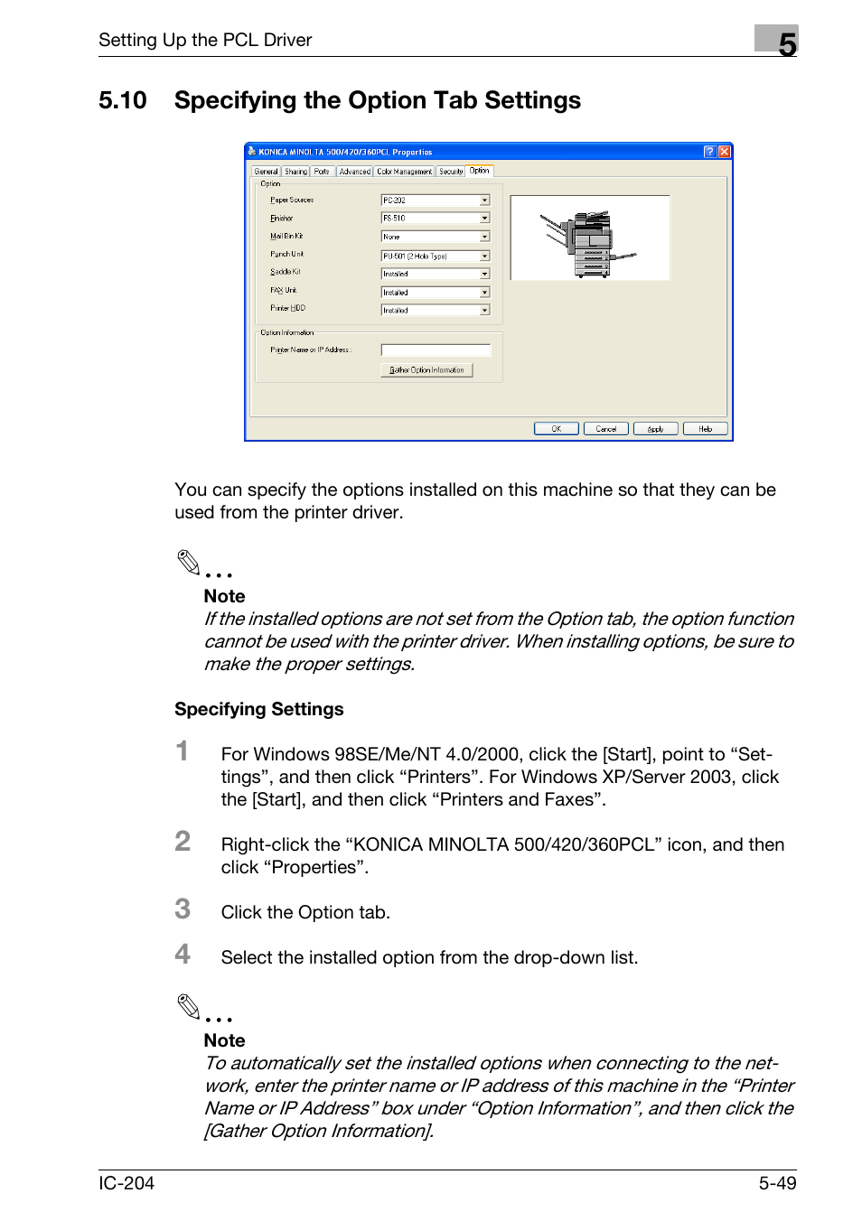 10 specifying the option tab settings, Specifying the option tab settings -49, Specifying settings -49 | Konica Minolta bizhub 420 User Manual | Page 181 / 401