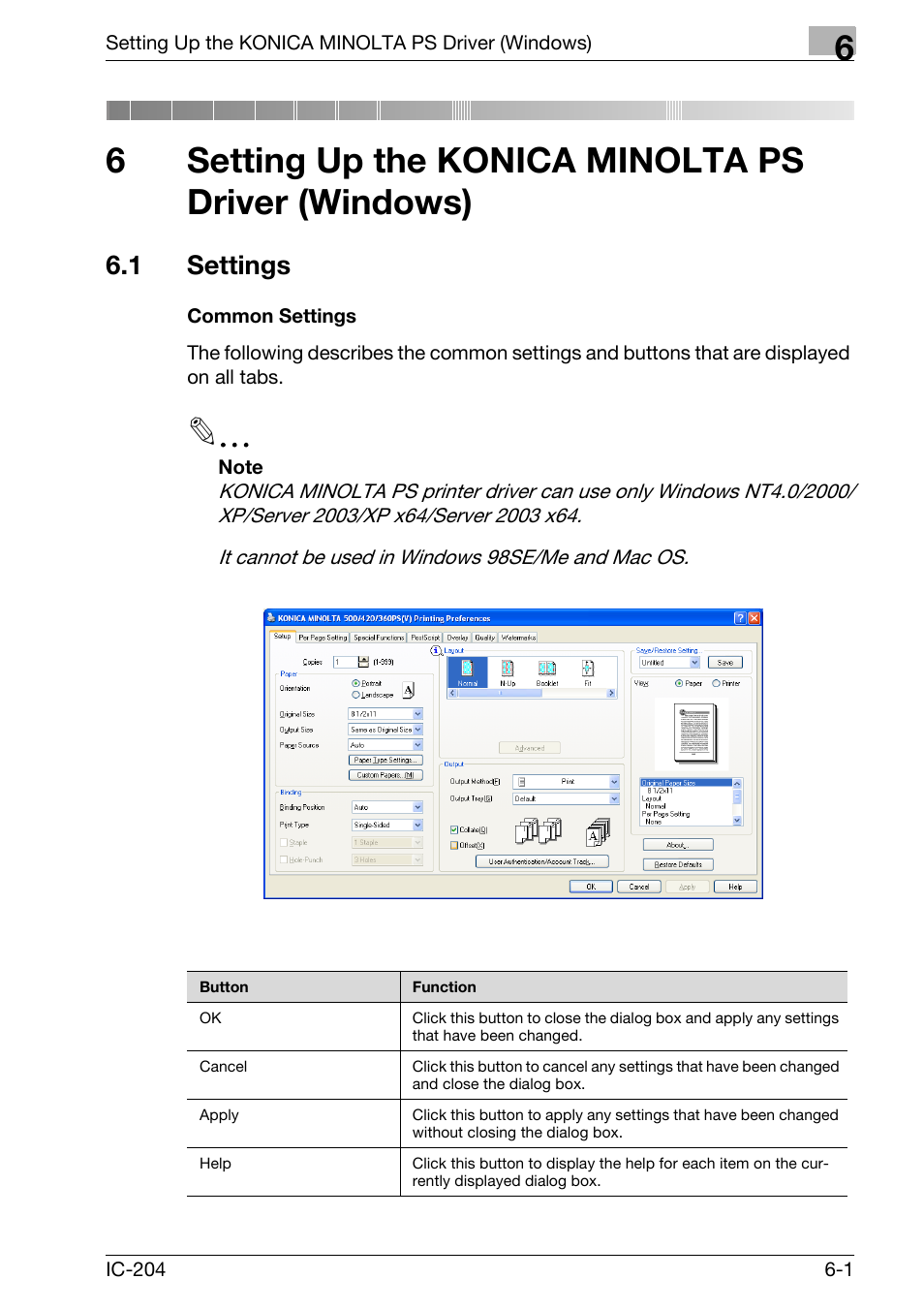 1 settings, Setting up the konica minolta ps driver (windows), Settings -1 | Common settings -1, 6setting up the konica minolta ps driver (windows) | Konica Minolta bizhub 420 User Manual | Page 185 / 401