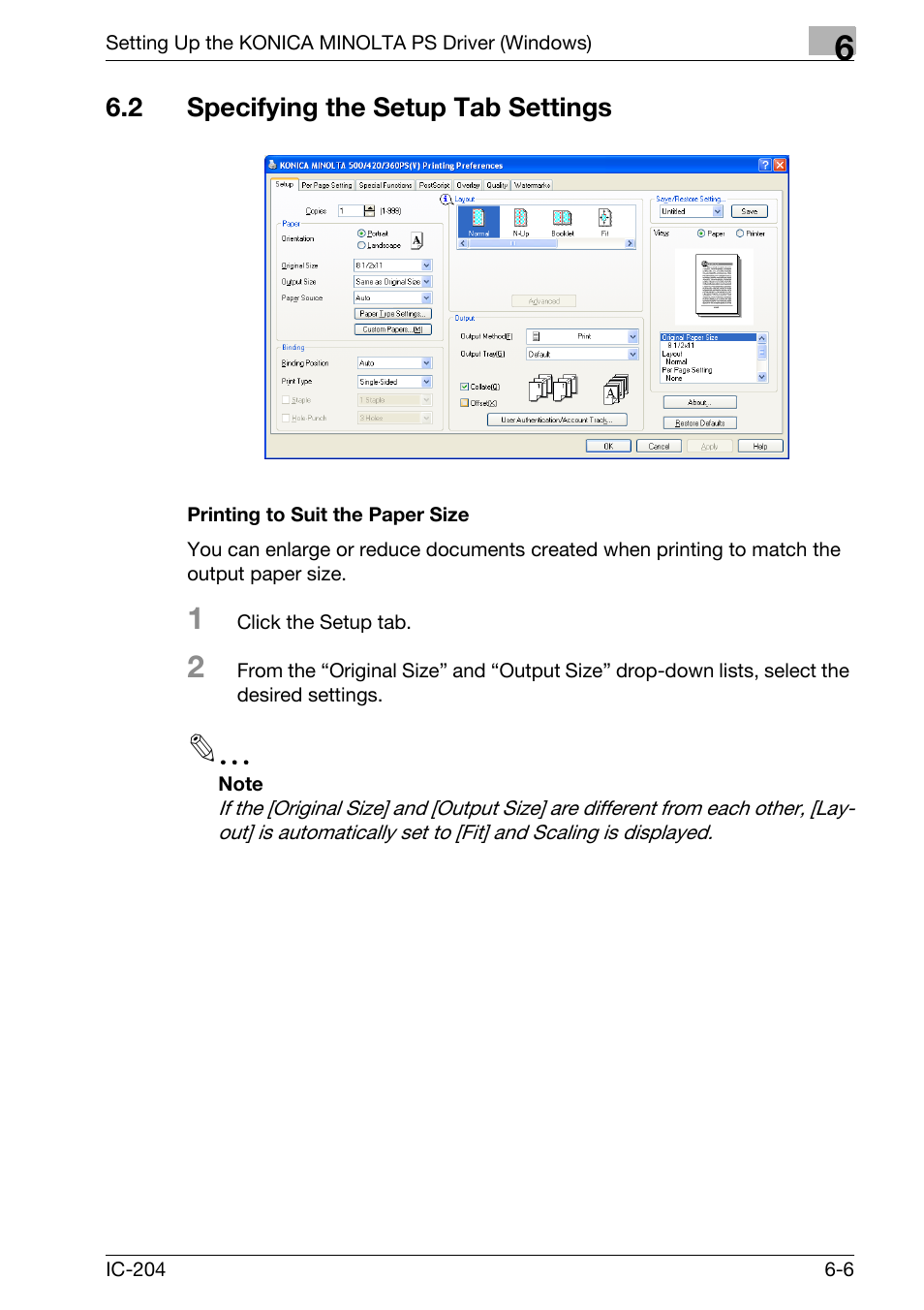 2 specifying the setup tab settings, Specifying the setup tab settings -6, Printing to suit the paper size -6 | Konica Minolta bizhub 420 User Manual | Page 190 / 401