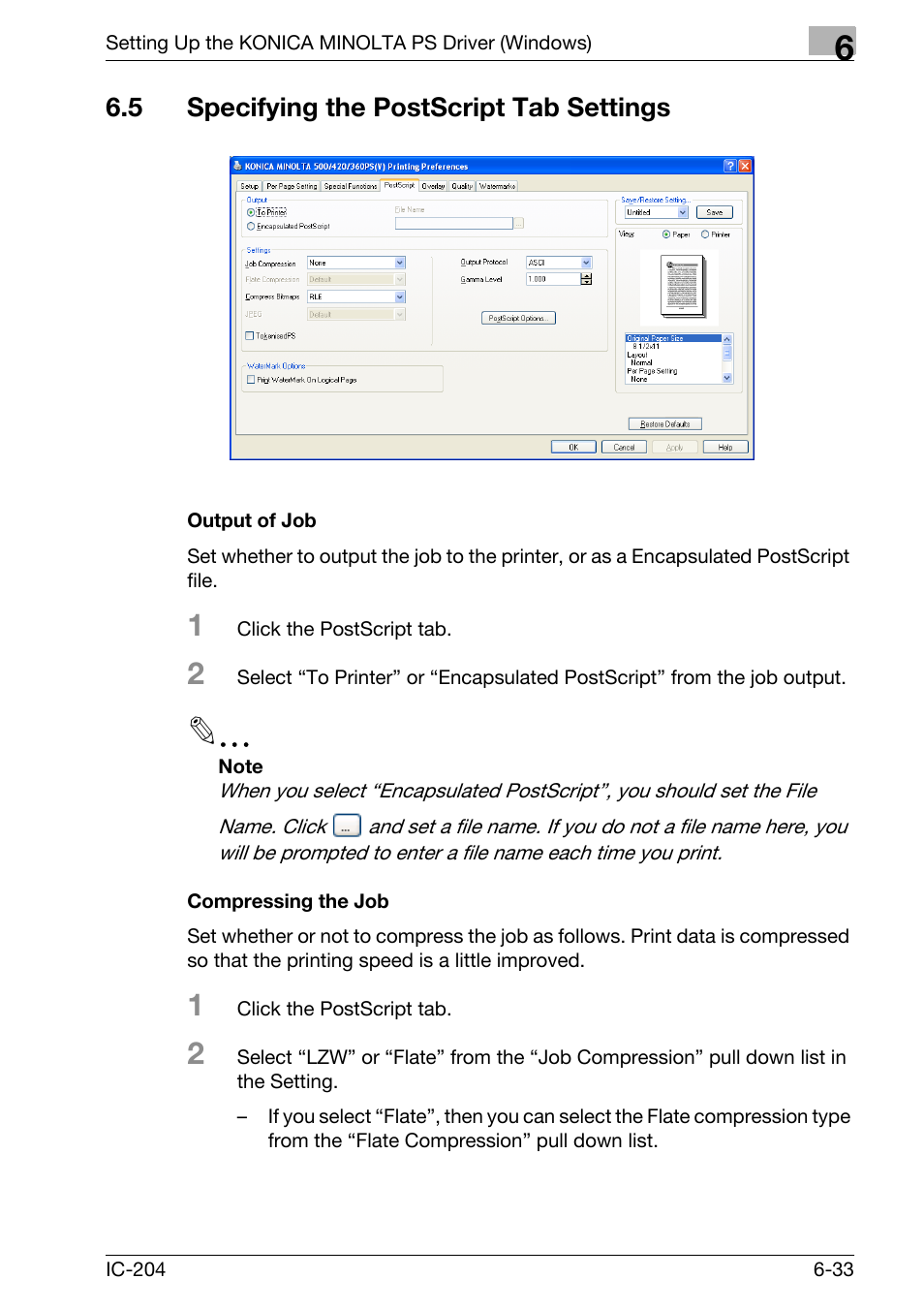 5 specifying the postscript tab settings, Specifying the postscript tab settings -33, Output of job -33 compressing the job -33 | Konica Minolta bizhub 420 User Manual | Page 217 / 401