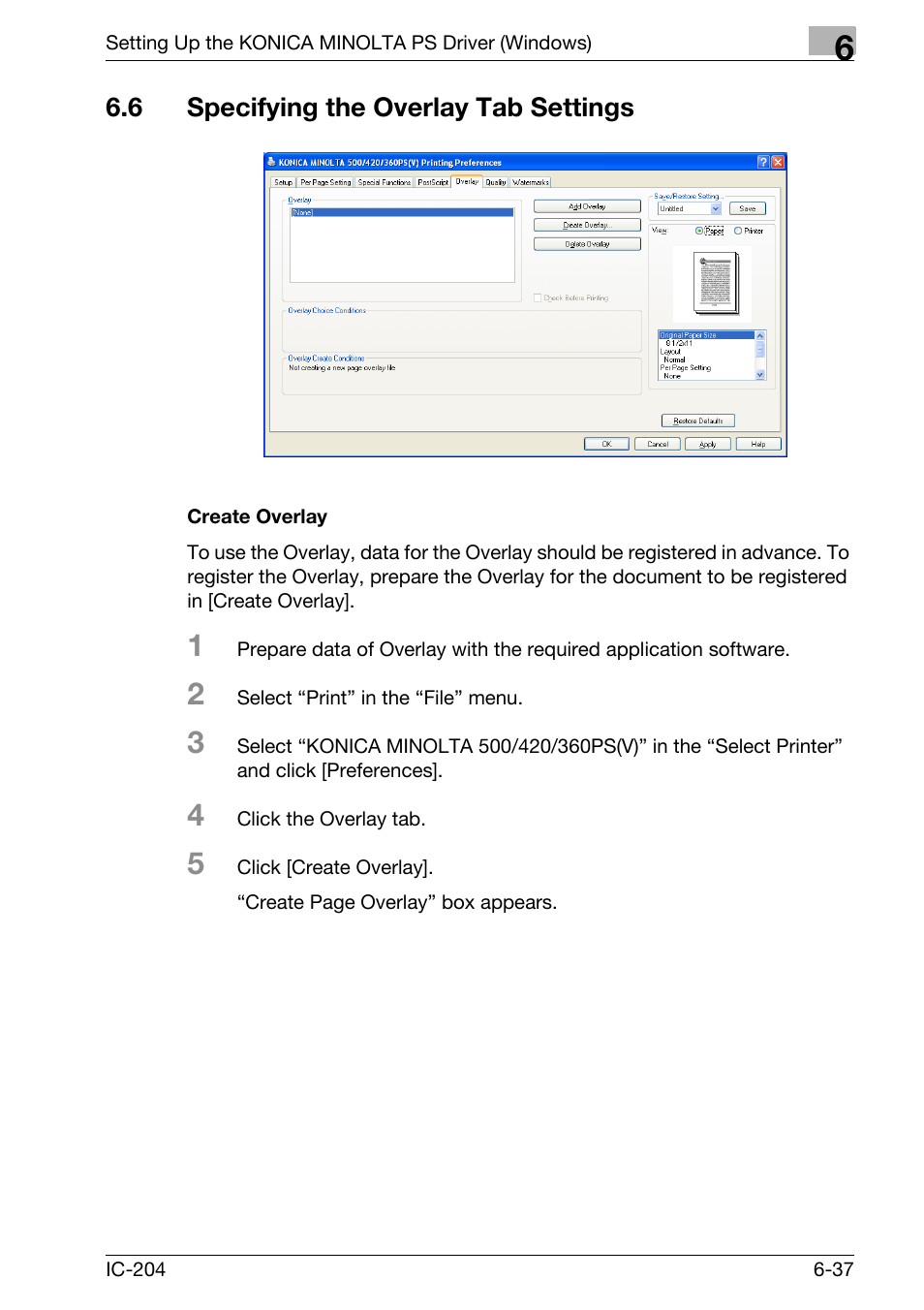 6 specifying the overlay tab settings, Specifying the overlay tab settings -37, Create overlay -37 | Konica Minolta bizhub 420 User Manual | Page 221 / 401