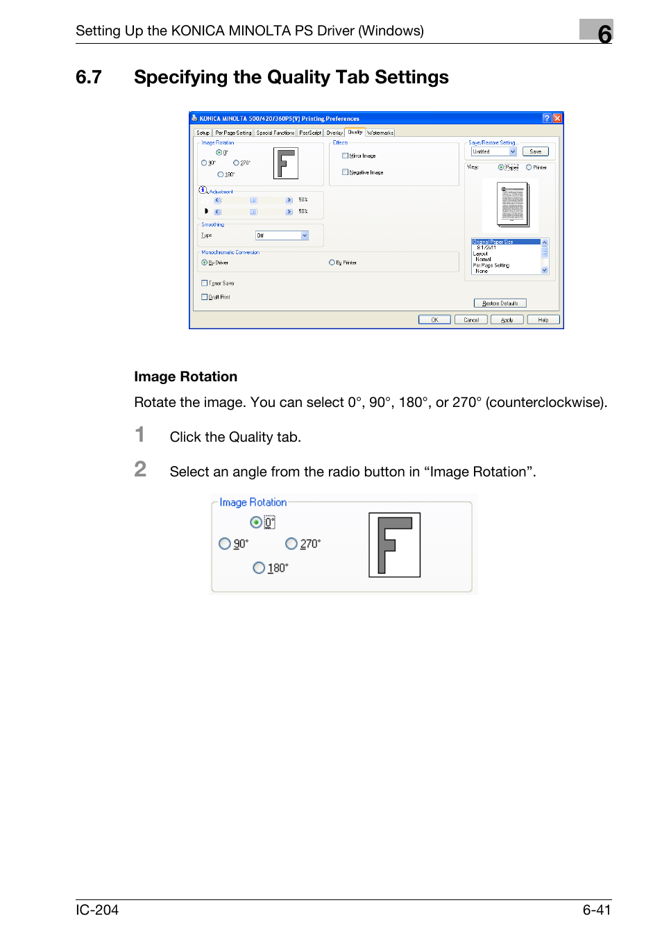 7 specifying the quality tab settings, Specifying the quality tab settings -41, Image rotation -41 | Konica Minolta bizhub 420 User Manual | Page 225 / 401