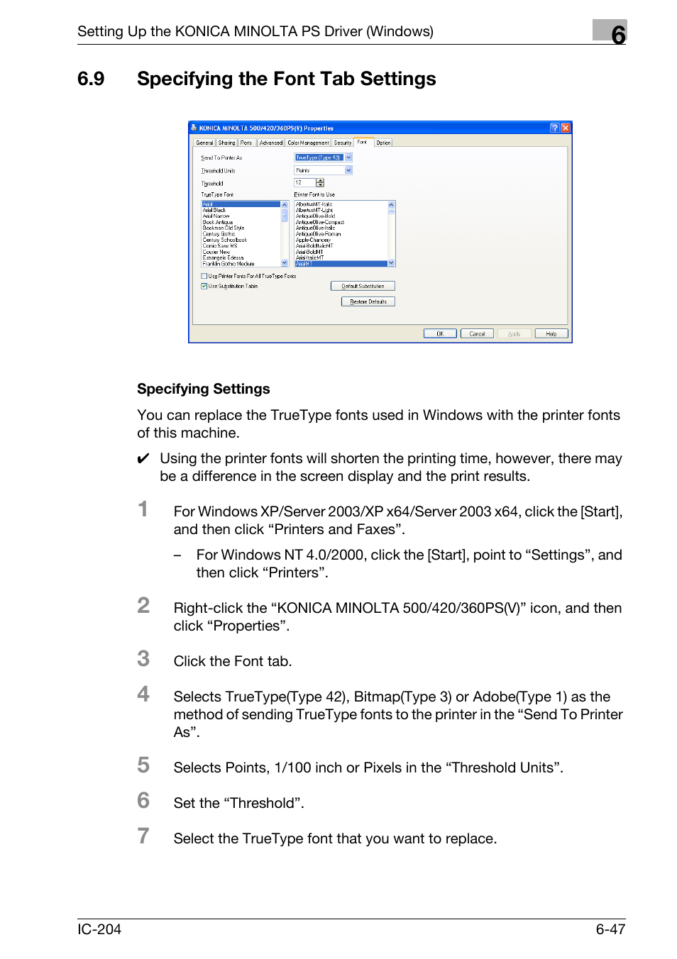 9 specifying the font tab settings, Specifying the font tab settings -47, Specifying settings -47 | Konica Minolta bizhub 420 User Manual | Page 231 / 401