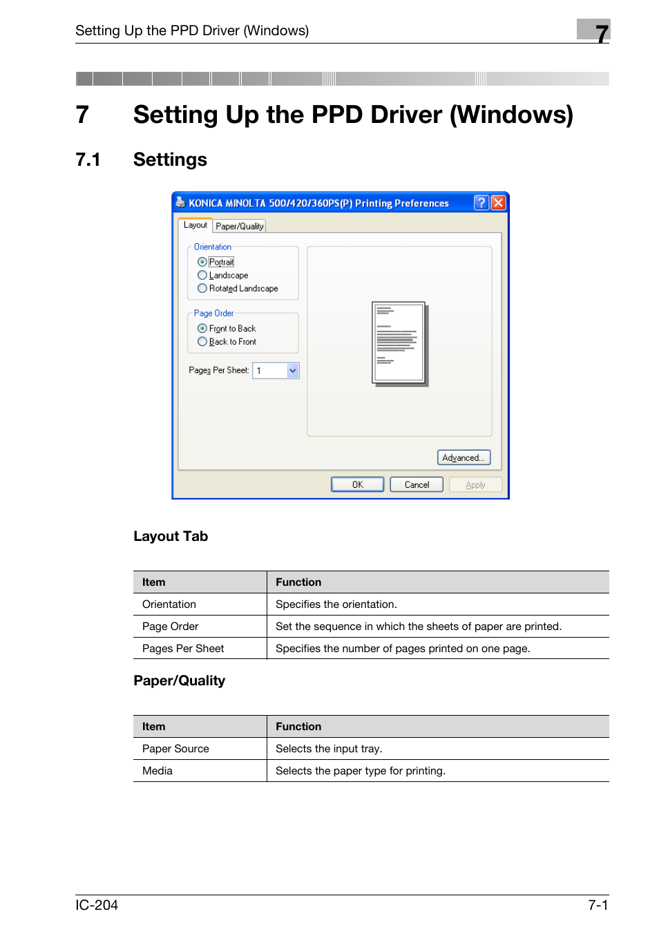 7 setting up the ppd driver (windows), 1 settings, Setting up the ppd driver (windows) | Settings -1, Layout tab -1 paper/quality -1, 7setting up the ppd driver (windows) | Konica Minolta bizhub 420 User Manual | Page 237 / 401