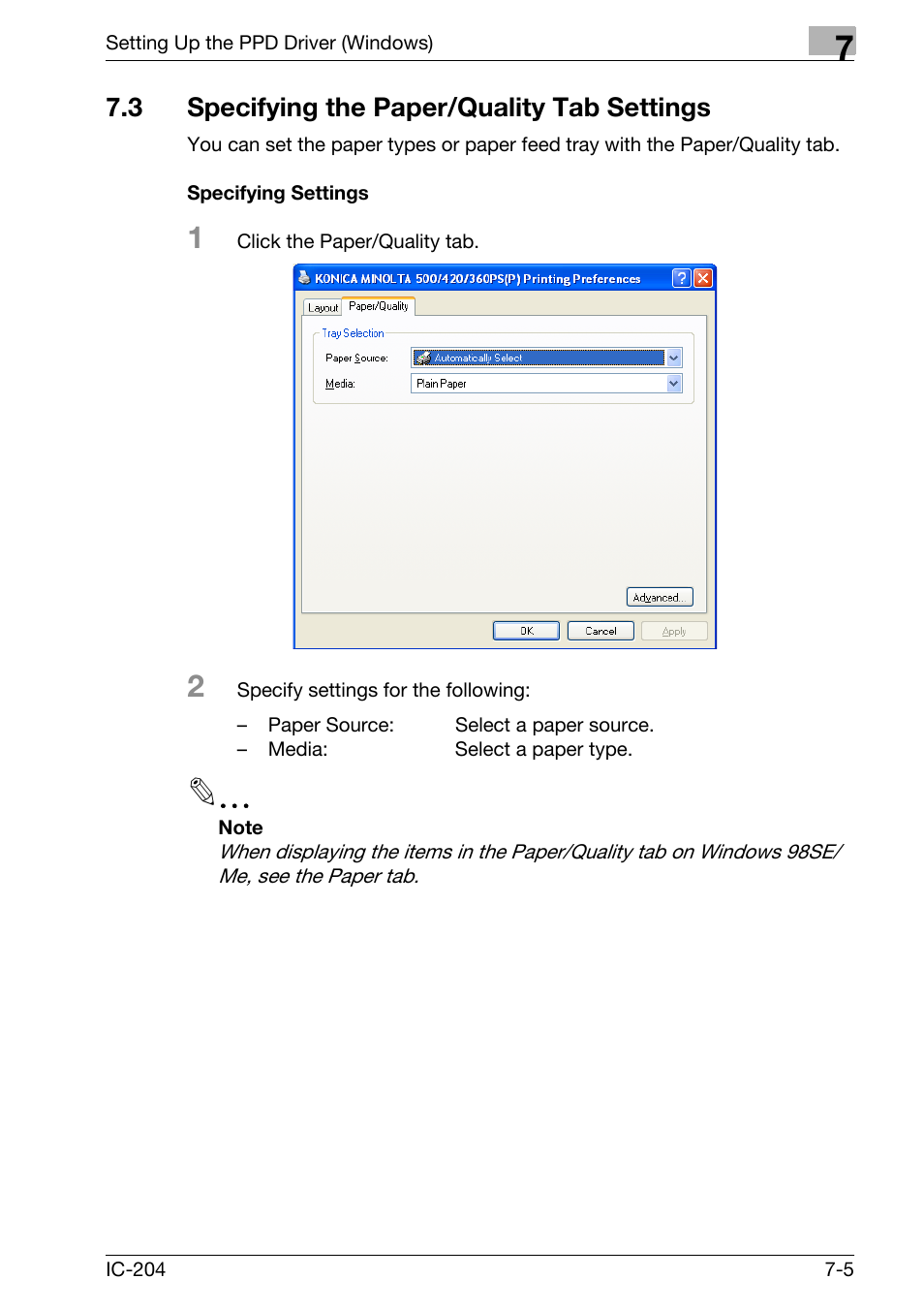 3 specifying the paper/quality tab settings, Specifying the paper/quality tab settings -5, Specifying settings -5 | Konica Minolta bizhub 420 User Manual | Page 241 / 401