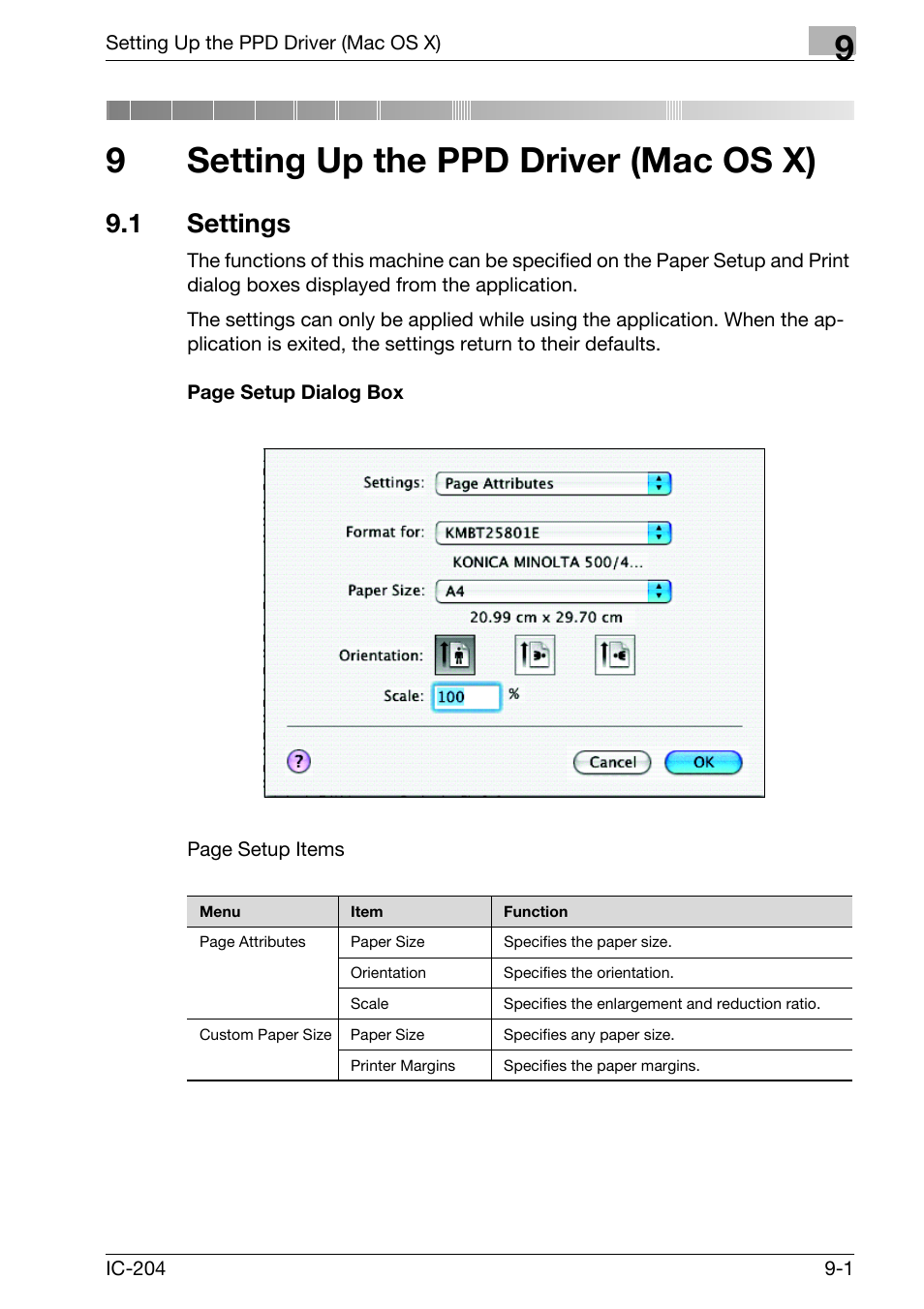 9 setting up the ppd driver (mac os x), 1 settings, Setting up the ppd driver (mac os x) | Settings -1, 9setting up the ppd driver (mac os x) | Konica Minolta bizhub 420 User Manual | Page 258 / 401