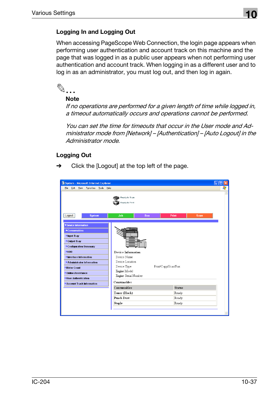 Logging in and logging out -37 logging out -37 | Konica Minolta bizhub 420 User Manual | Page 312 / 401