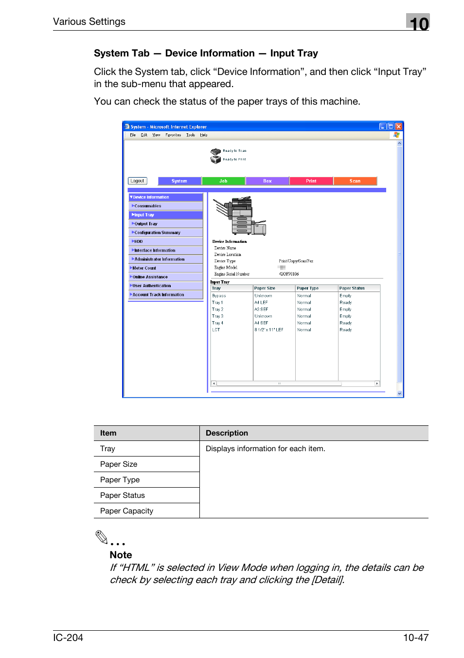 System tab — device information — input tray -47 | Konica Minolta bizhub 420 User Manual | Page 322 / 401