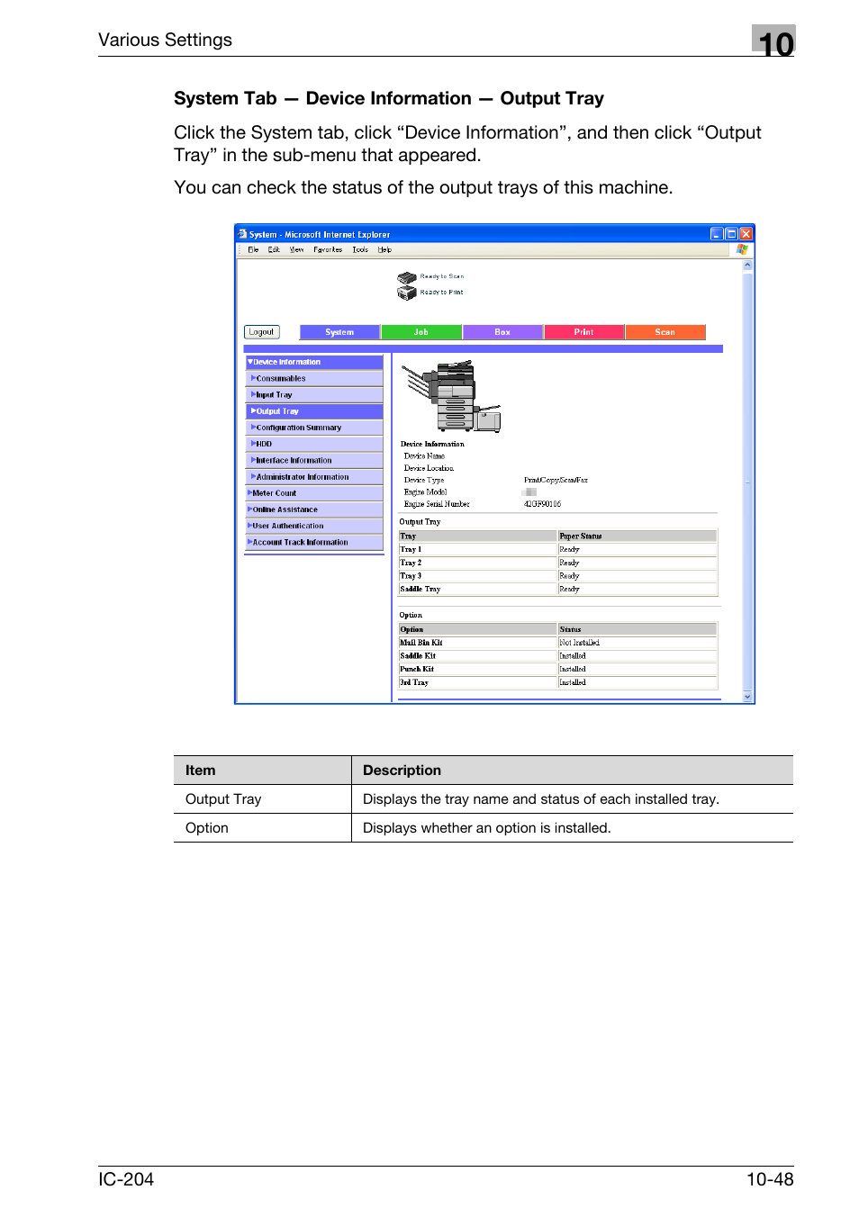 System tab — device information — output tray -48 | Konica Minolta bizhub 420 User Manual | Page 323 / 401