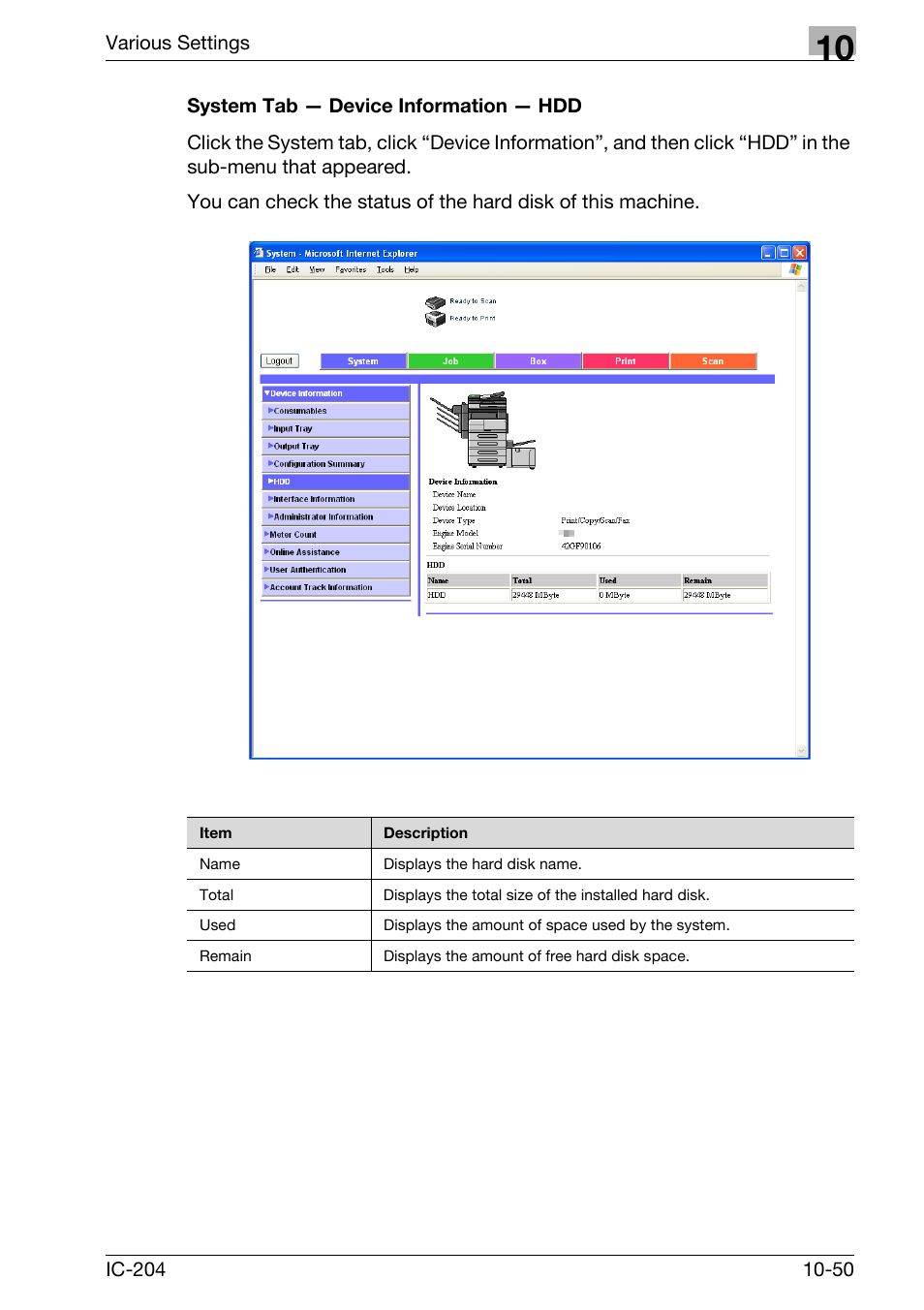 System tab — device information — hdd -50 | Konica Minolta bizhub 420 User Manual | Page 325 / 401