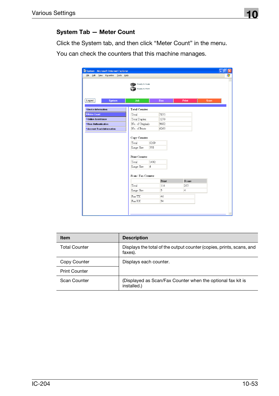 System tab — meter count -53 | Konica Minolta bizhub 420 User Manual | Page 328 / 401