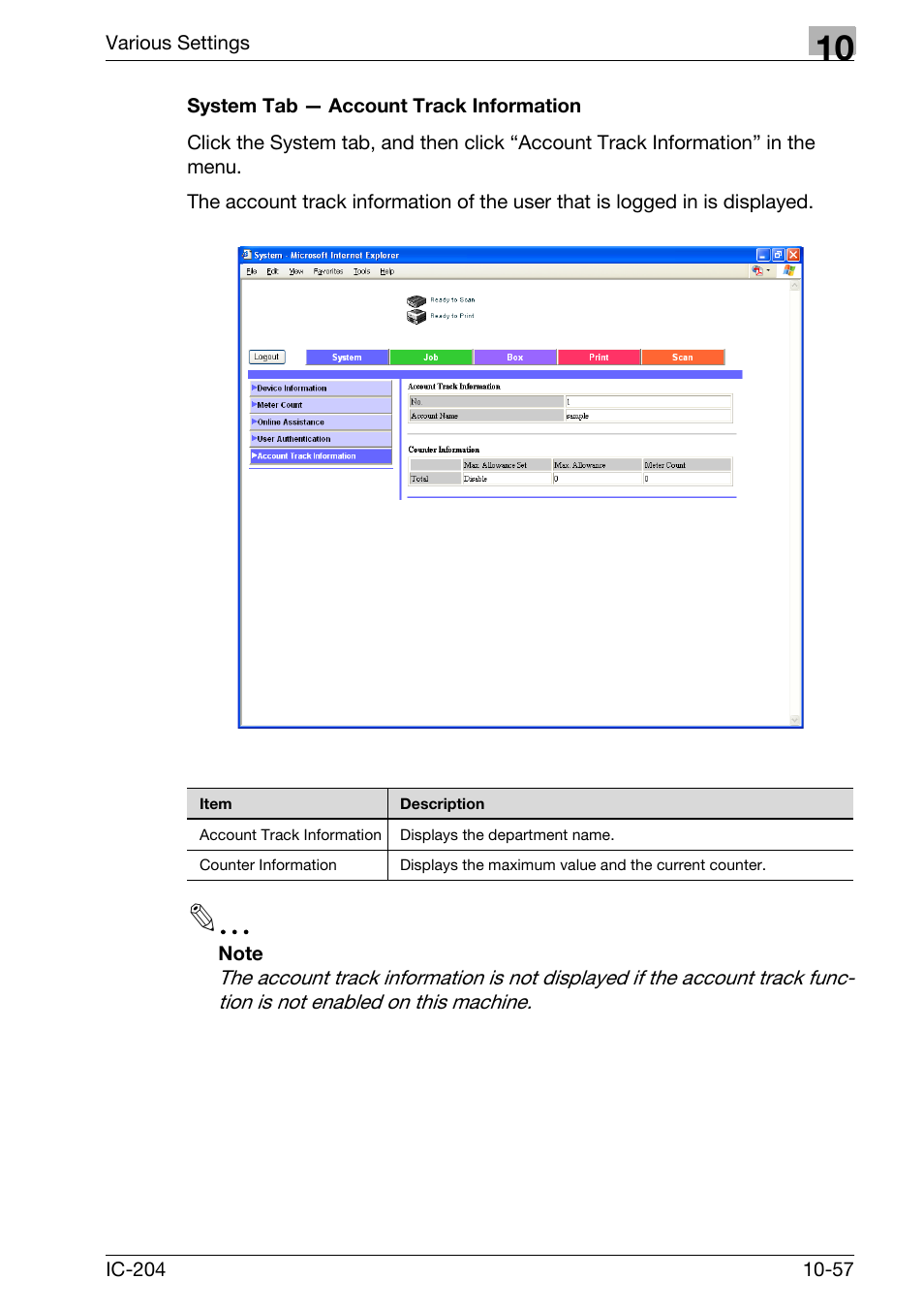 System tab — account track information -57 | Konica Minolta bizhub 420 User Manual | Page 332 / 401