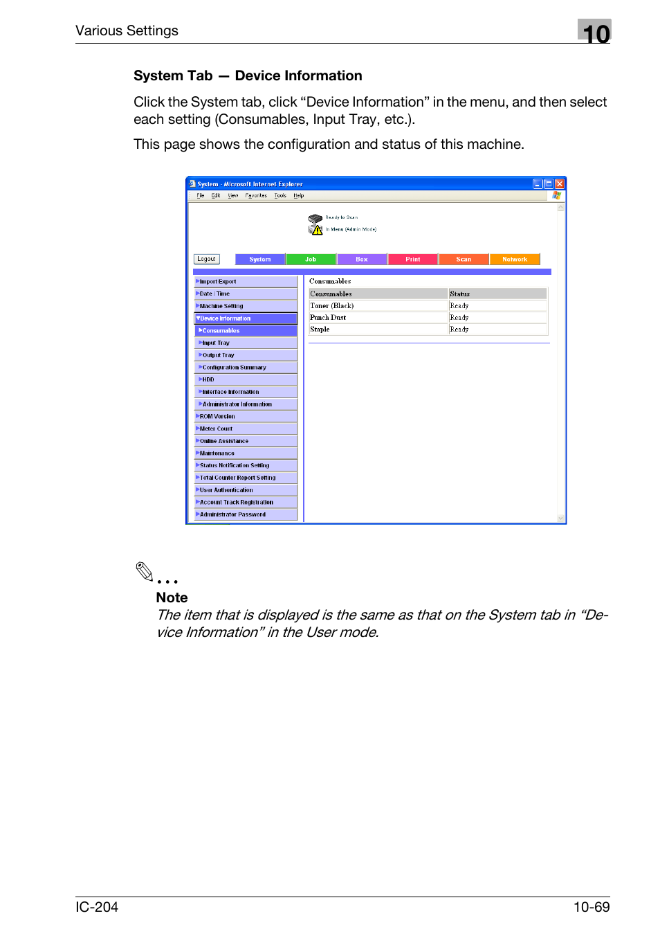 System tab — device information -69 | Konica Minolta bizhub 420 User Manual | Page 344 / 401