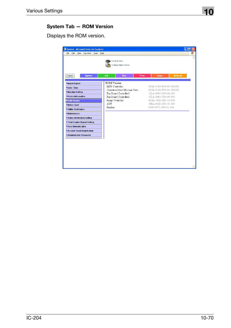 System tab — rom version -70 | Konica Minolta bizhub 420 User Manual | Page 345 / 401