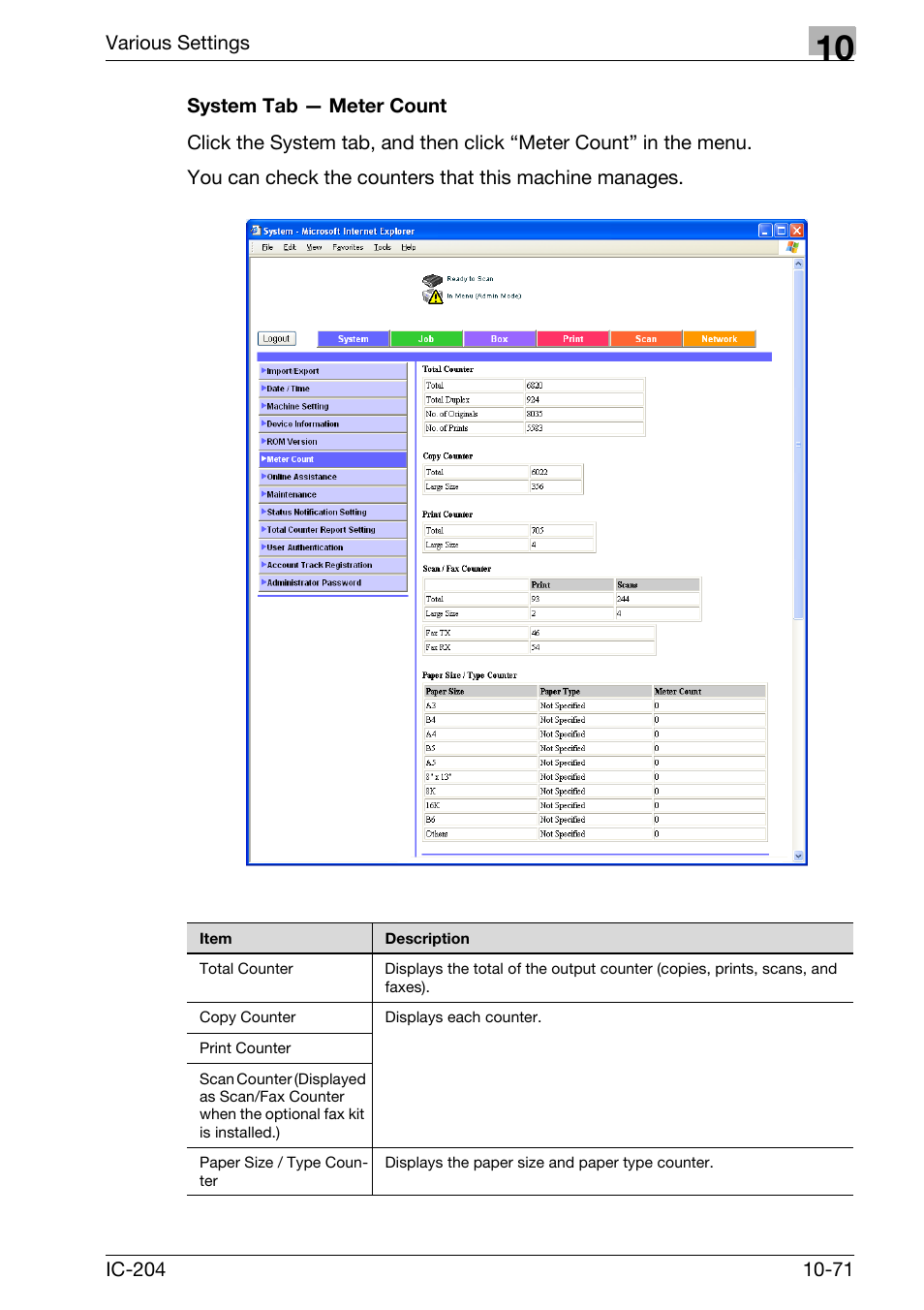 System tab — meter count -71 | Konica Minolta bizhub 420 User Manual | Page 346 / 401