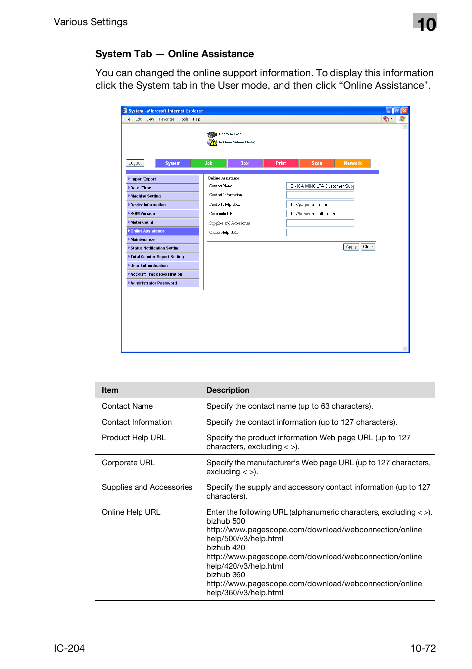 System tab — online assistance -72 | Konica Minolta bizhub 420 User Manual | Page 347 / 401