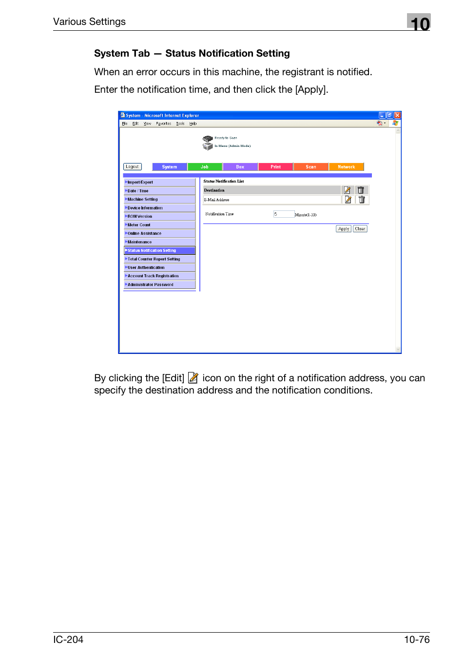 System tab — status notification setting -76 | Konica Minolta bizhub 420 User Manual | Page 351 / 401