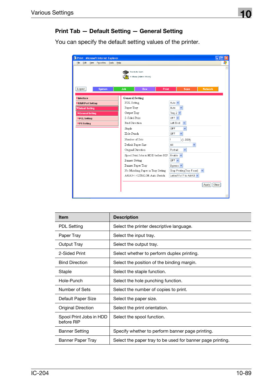 Print tab — default setting — general setting -89, Various settings | Konica Minolta bizhub 420 User Manual | Page 364 / 401