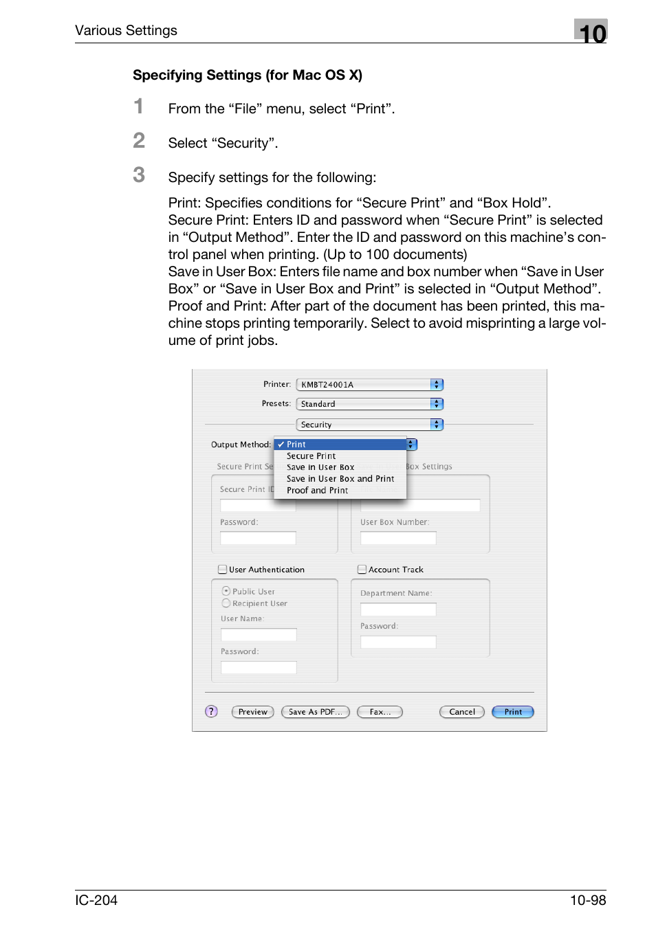 Specifying settings (for mac os x) -98 | Konica Minolta bizhub 420 User Manual | Page 373 / 401