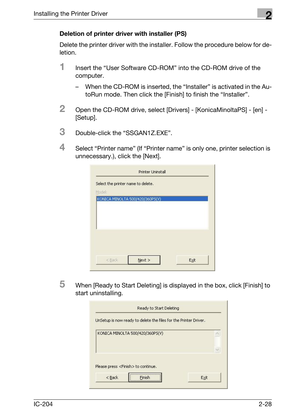 Deletion of printer driver with installer (ps) -28, P. 2-28 | Konica Minolta bizhub 420 User Manual | Page 60 / 401