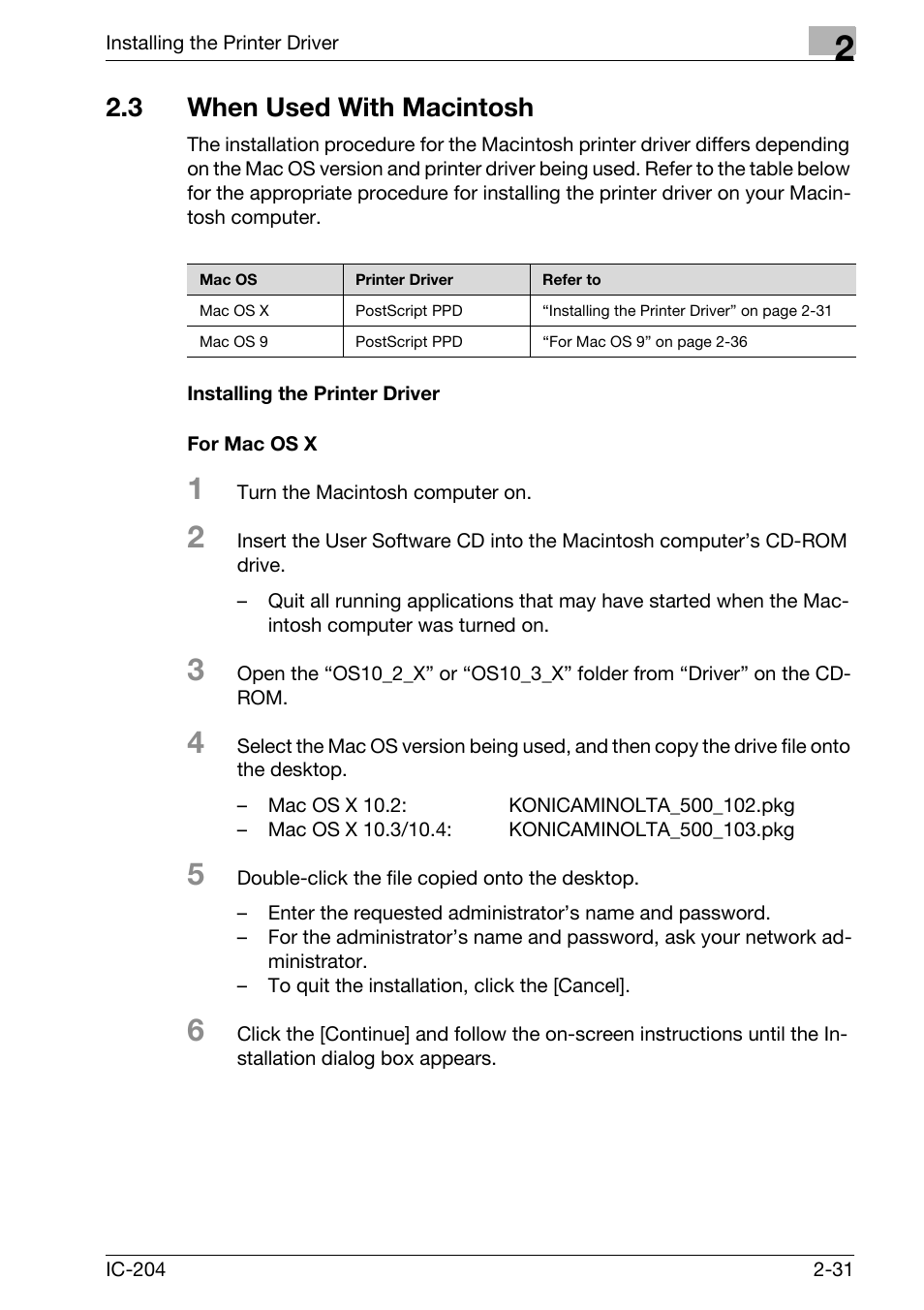 3 when used with macintosh, When used with macintosh -31, Installing the printer driver -31 for mac os x -31 | Konica Minolta bizhub 420 User Manual | Page 63 / 401