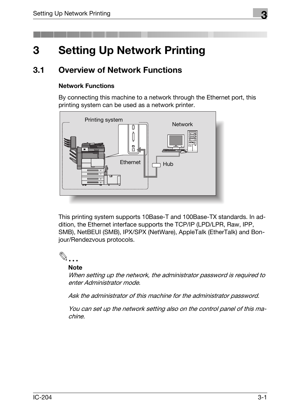 3 setting up network printing, 1 overview of network functions, Setting up network printing | Overview of network functions -1, Network functions -1, 3setting up network printing | Konica Minolta bizhub 420 User Manual | Page 72 / 401