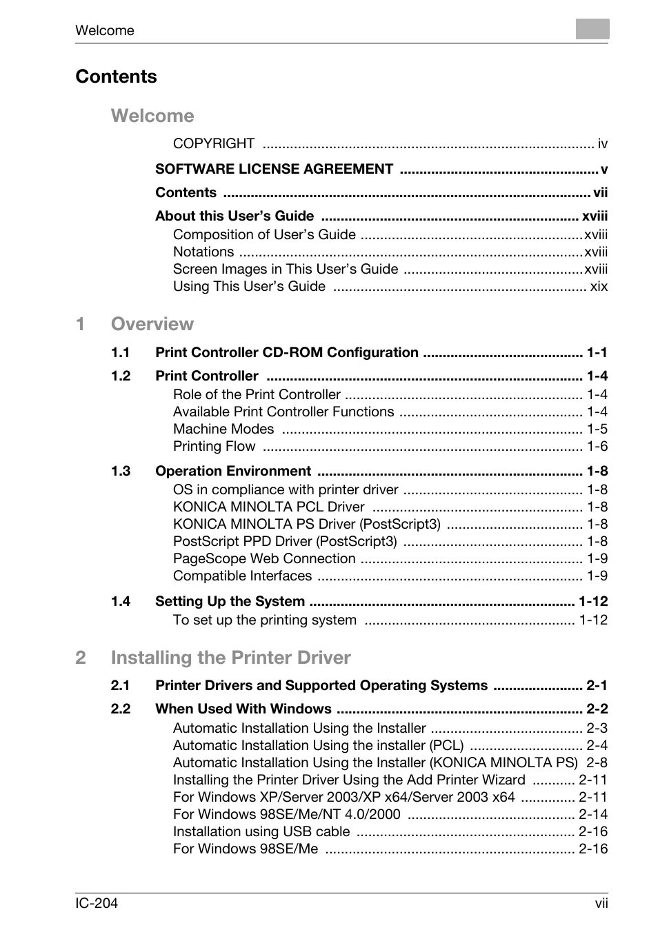 Contents welcome, 1overview, 2installing the printer driver | Konica Minolta bizhub 420 User Manual | Page 8 / 401