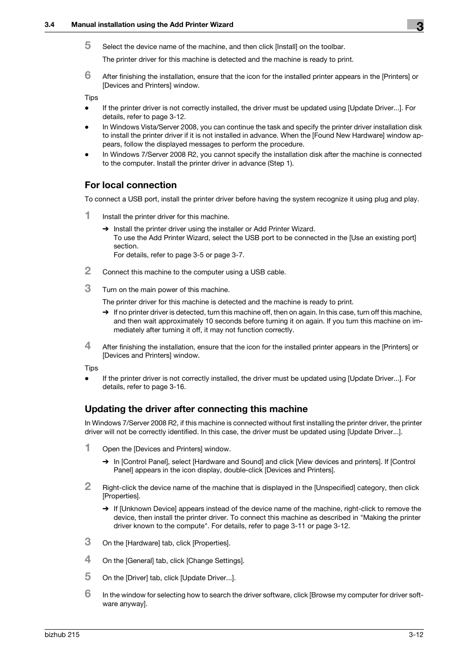 For local connection, Updating the driver after connecting this machine | Konica Minolta Bizhub 215 User Manual | Page 28 / 88