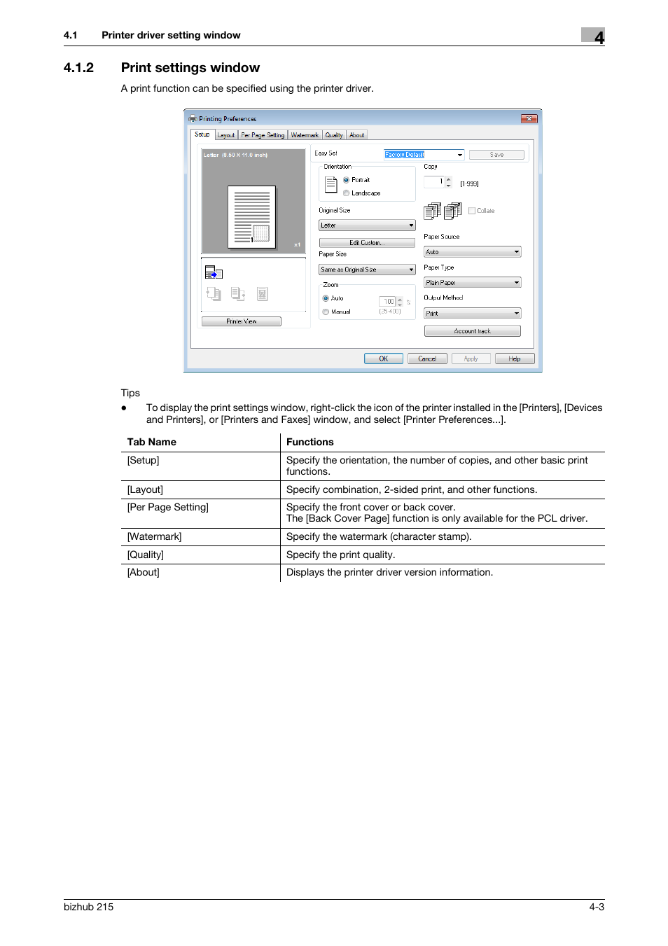 2 print settings window, Print settings window -3 | Konica Minolta Bizhub 215 User Manual | Page 37 / 88