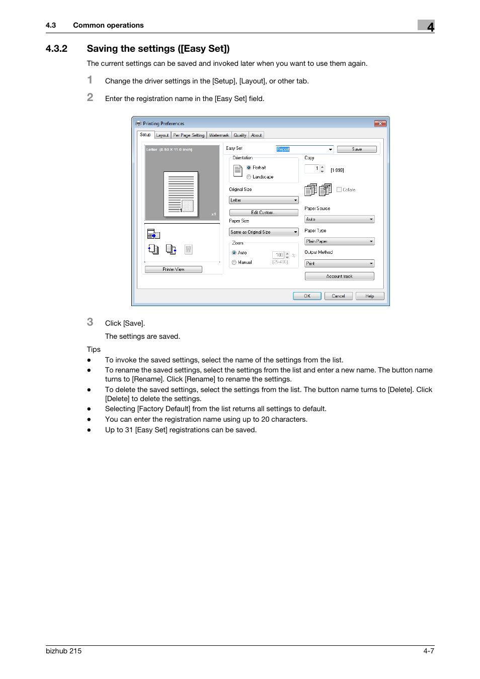 2 saving the settings ([easy set]), Saving the settings ([easy set]) -7 | Konica Minolta Bizhub 215 User Manual | Page 41 / 88