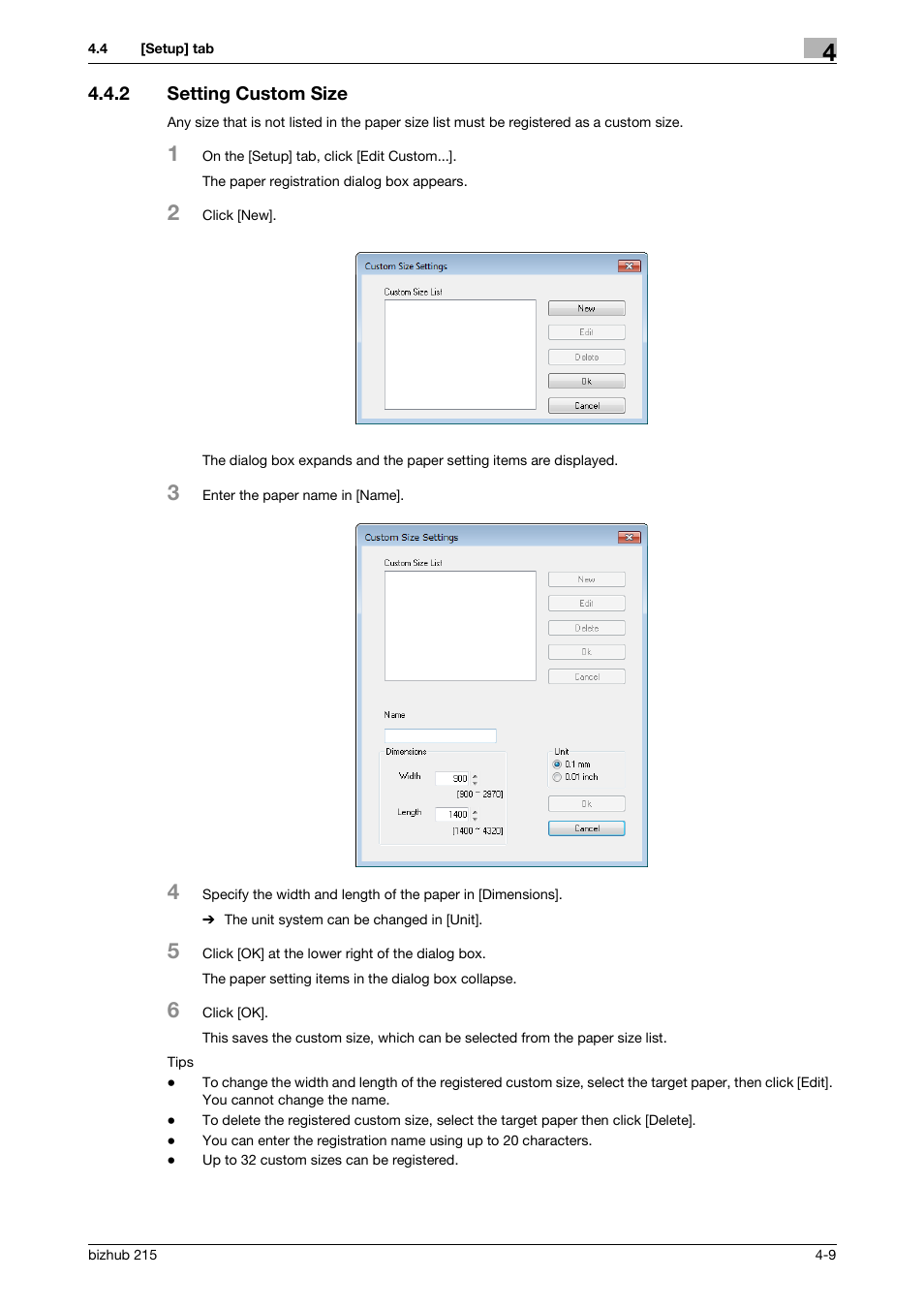 2 setting custom size, Setting custom size -9 | Konica Minolta Bizhub 215 User Manual | Page 43 / 88