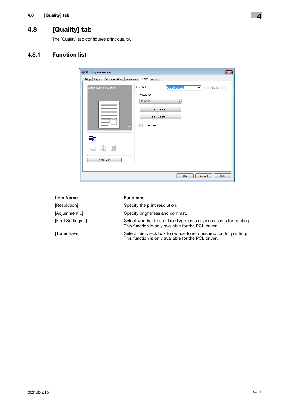 8 [quality] tab, 1 function list, Quality] tab -17 | Function list -17 | Konica Minolta Bizhub 215 User Manual | Page 51 / 88